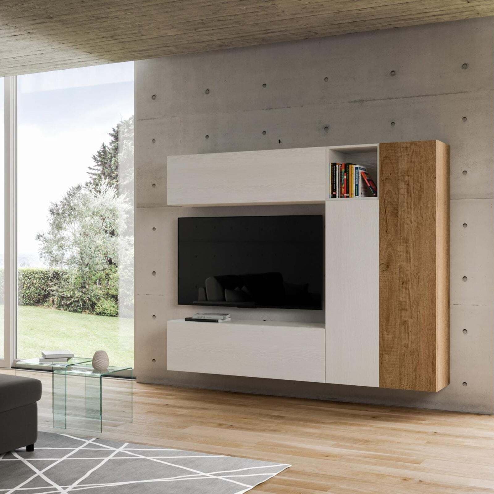 Parete attrezzata per soggiorno porta TV con ripiani per arredamento camere ed interni 214 cm