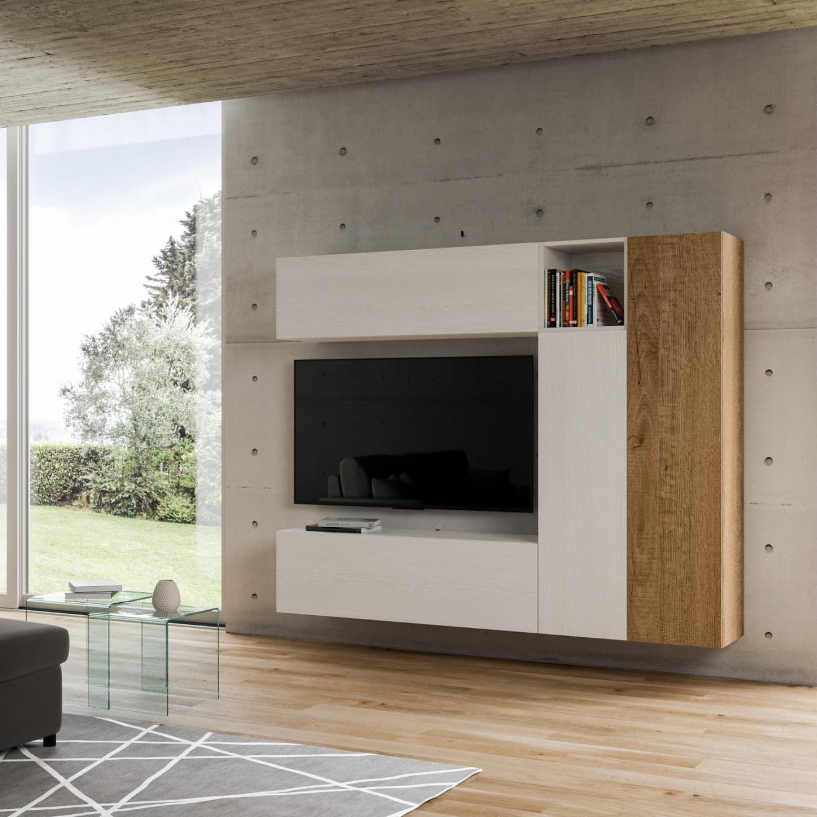 Parete attrezzata per soggiorno porta TV con ripiani per arredamento camere ed interni 214 cm in Pareti attrezzate Decor Space - Altamura, commercioVirtuoso.it