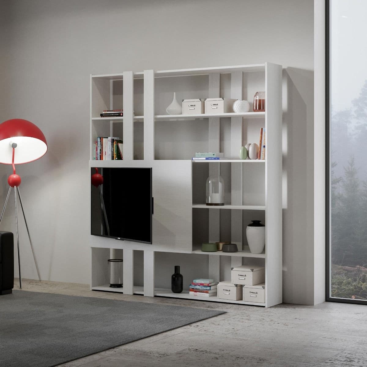 Libreria "Milano" porta TV a parete, in legno, con ripiani, per arredamento camere ed interni - 14