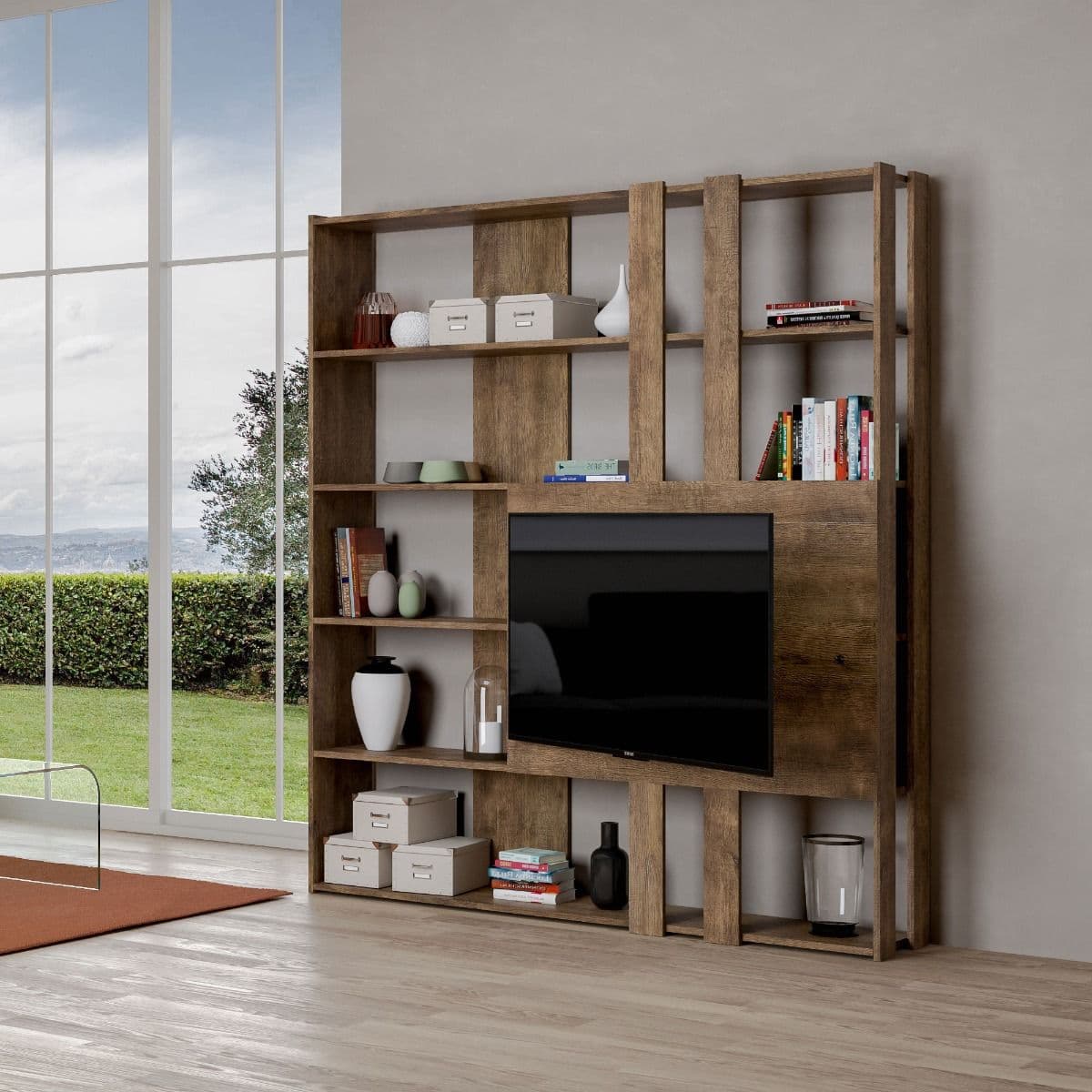 Libreria "Milano" porta TV a parete, in legno, con ripiani, per arredamento camere ed interni in Librerie Decor Space - Altamura, commercioVirtuoso.it