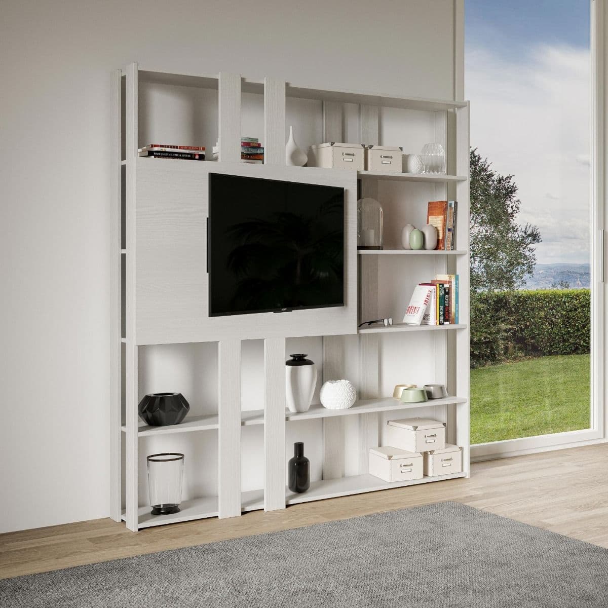 Libreria "Milano" porta TV a parete, in legno, con ripiani, per arredamento camere ed interni in Librerie Decor Space - Altamura, commercioVirtuoso.it