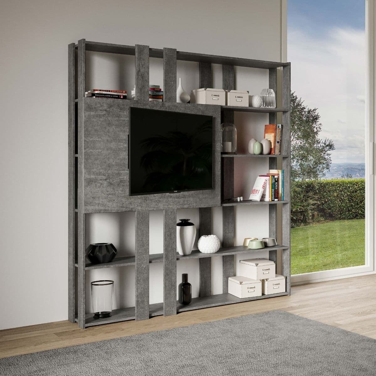 Libreria "Milano" porta TV a parete, in legno, con ripiani, per arredamento camere ed interni in Librerie Decor Space - Altamura, commercioVirtuoso.it