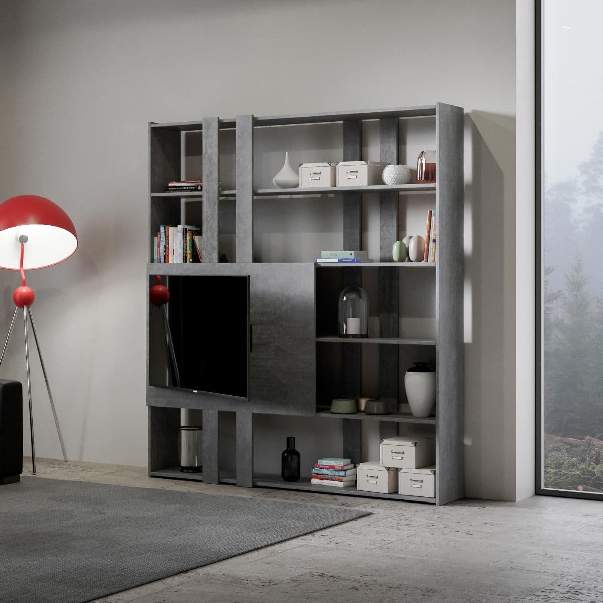Libreria "Milano" porta TV a parete, in legno, con ripiani, per arredamento camere ed interni in Librerie Decor Space - Altamura, commercioVirtuoso.it