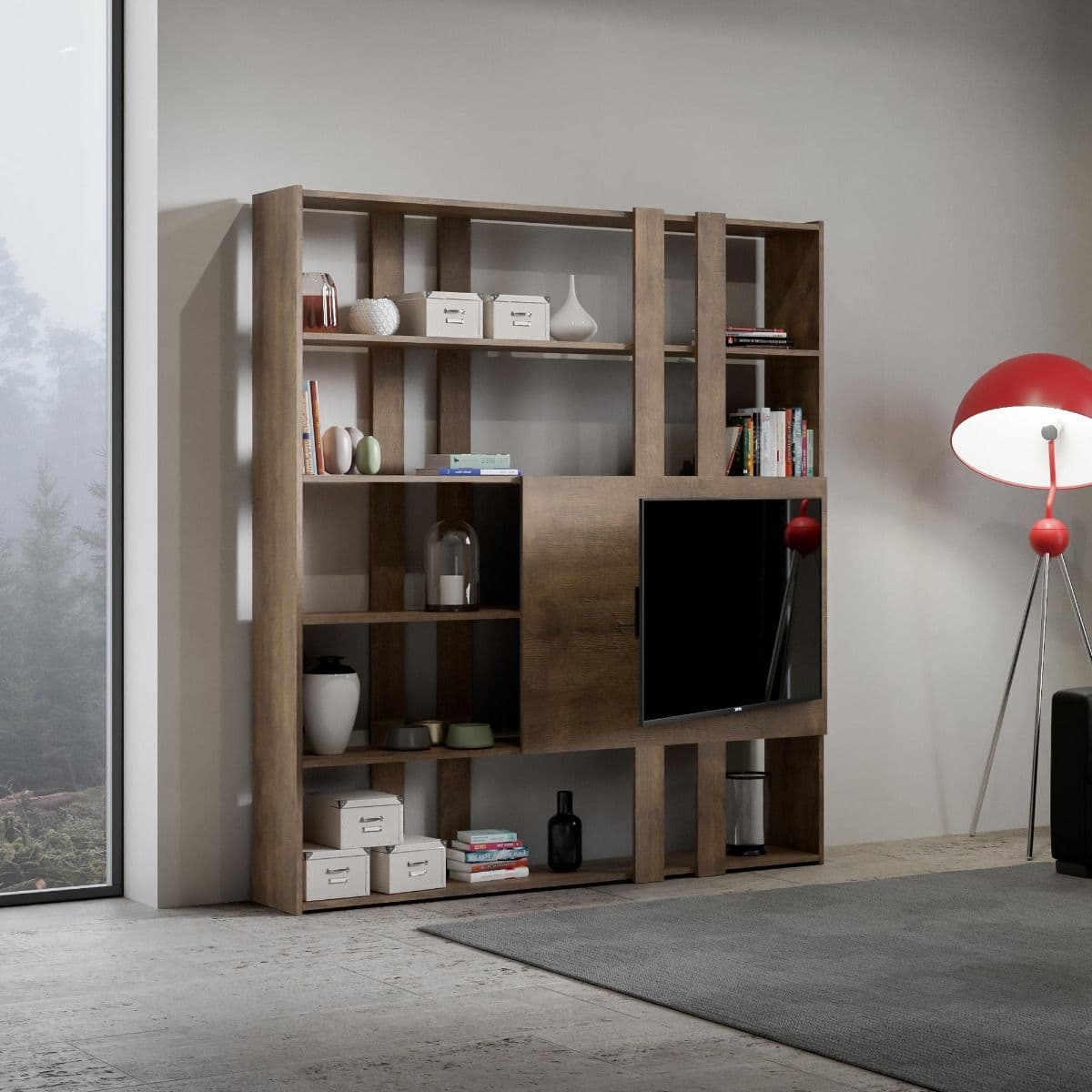 Libreria "Milano" porta TV a parete, in legno, con ripiani, per arredamento camere ed interni in Librerie Decor Space - Altamura, commercioVirtuoso.it