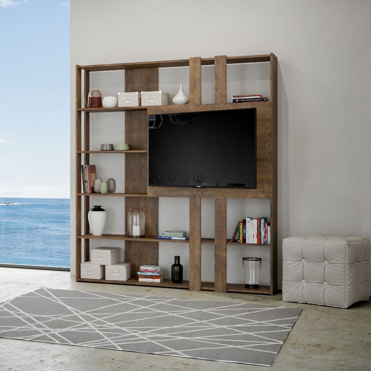 Libreria "Milano" porta TV a parete, in legno, con ripiani, per arredamento camere ed interni in Librerie Decor Space - Altamura, commercioVirtuoso.it
