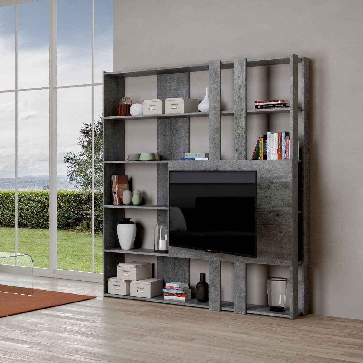 Libreria "Milano" porta TV a parete, in legno, con ripiani, per arredamento camere ed interni in Librerie Decor Space - Altamura, commercioVirtuoso.it