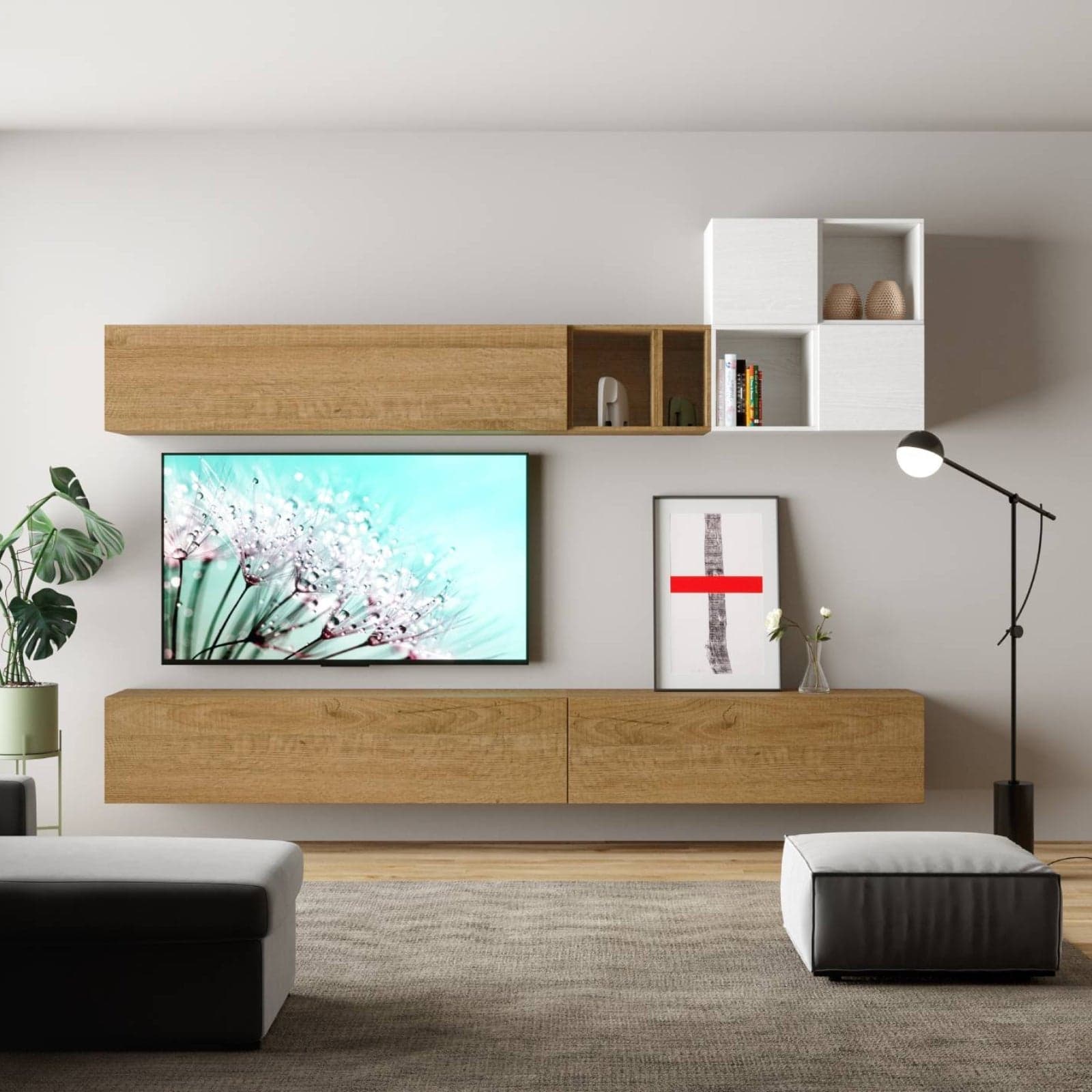Parete attrezzata per soggiorno porta TV con ripiani per arredamento camere ed interni 308 cm in Pareti attrezzate Decor Space - Altamura, commercioVirtuoso.it