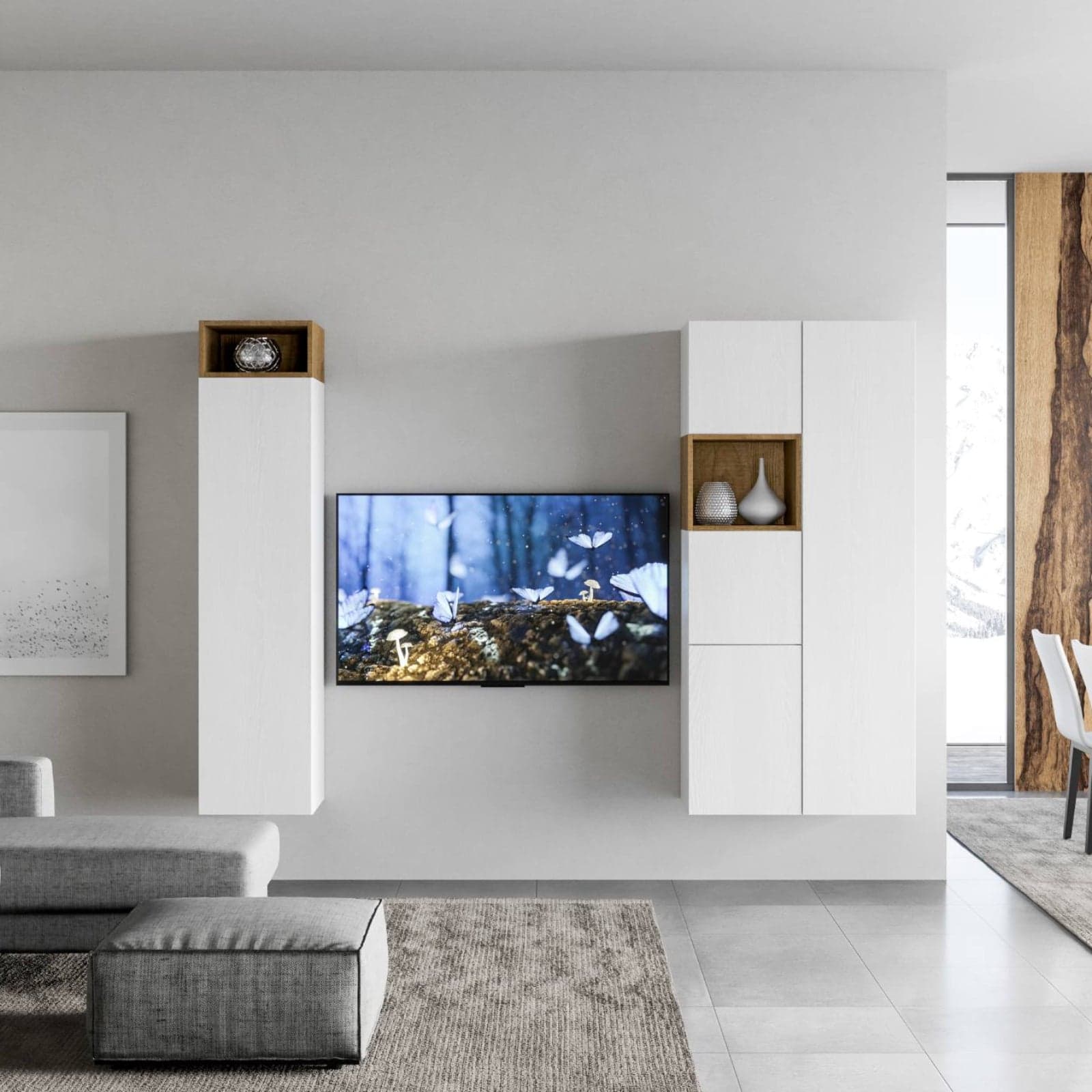 Parete attrezzata per soggiorno porta TV con ripiani per arredamento camere ed interni h 174 cm in Pareti attrezzate Decor Space - Altamura, commercioVirtuoso.it