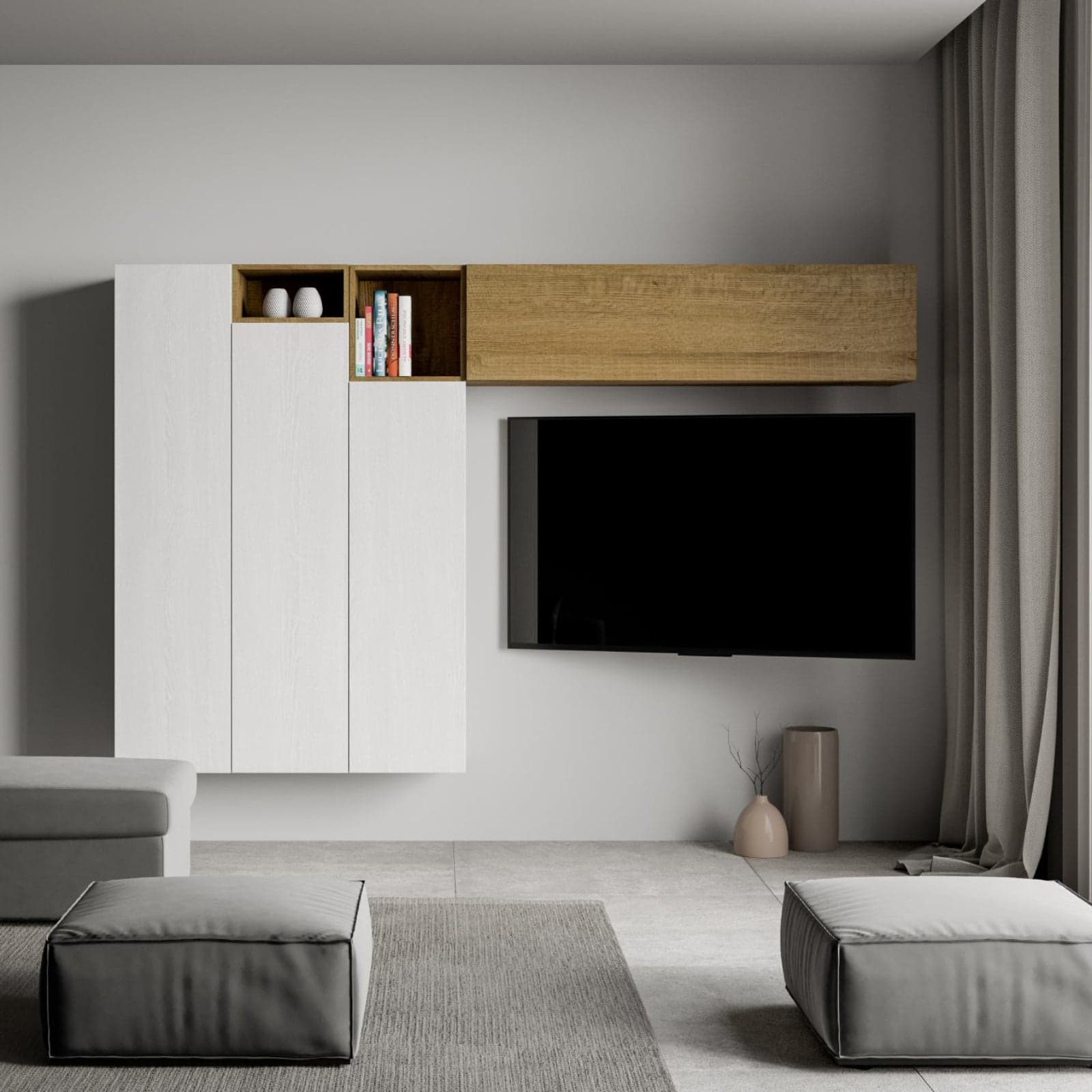 Parete attrezzata per soggiorno porta TV con ripiani per arredamento camere ed interni 274 cm in Pareti attrezzate Decor Space - Altamura, commercioVirtuoso.it