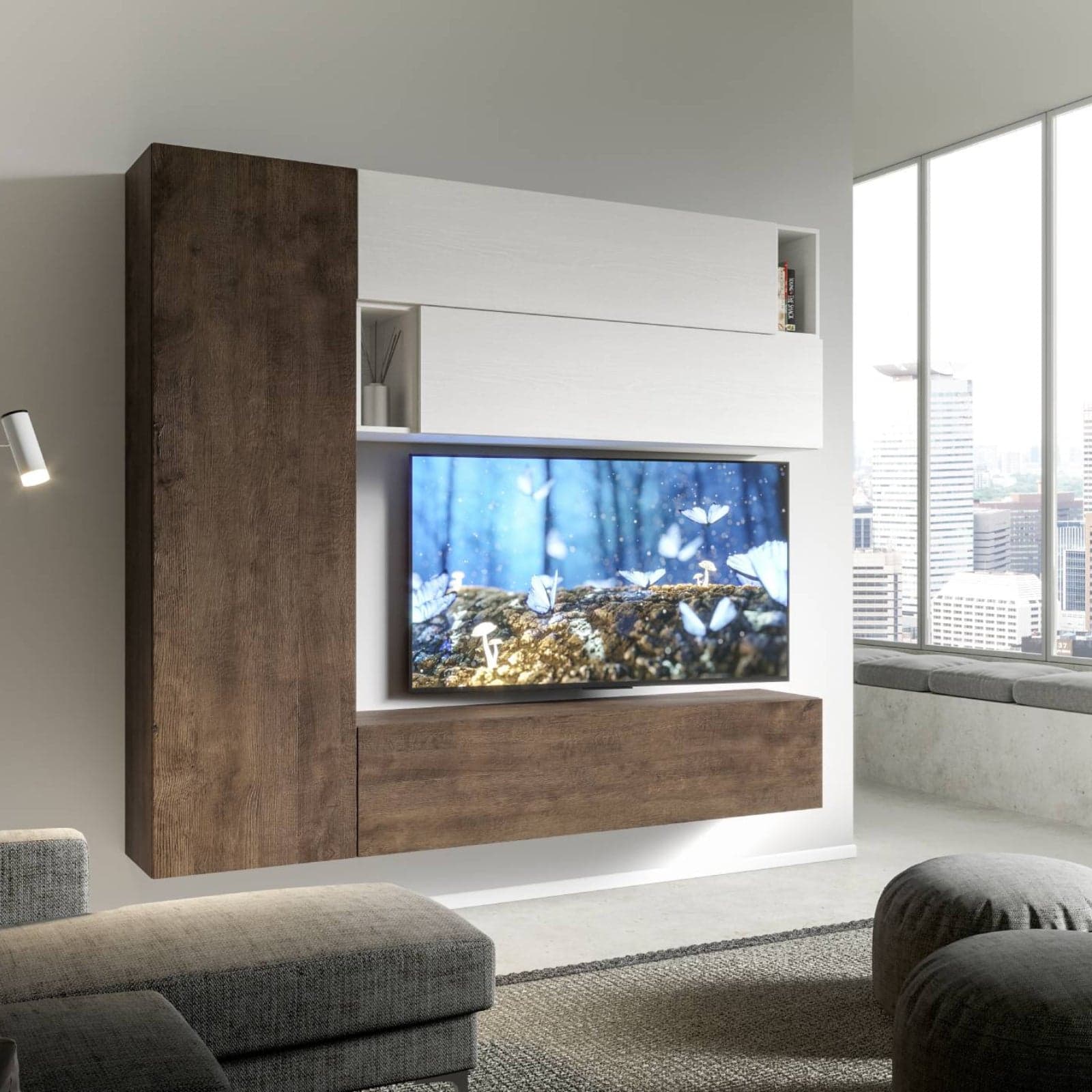 Parete attrezzata per soggiorno porta TV con ripiani per arredamento camere ed interni 236 cm in Pareti attrezzate Decor Space - Altamura, commercioVirtuoso.it