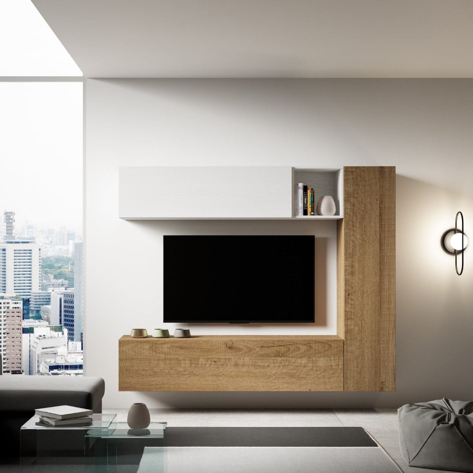 Parete attrezzata per soggiorno porta TV con ripiani per arredamento camere ed interni 214 cm in Pareti attrezzate Decor Space - Altamura, commercioVirtuoso.it