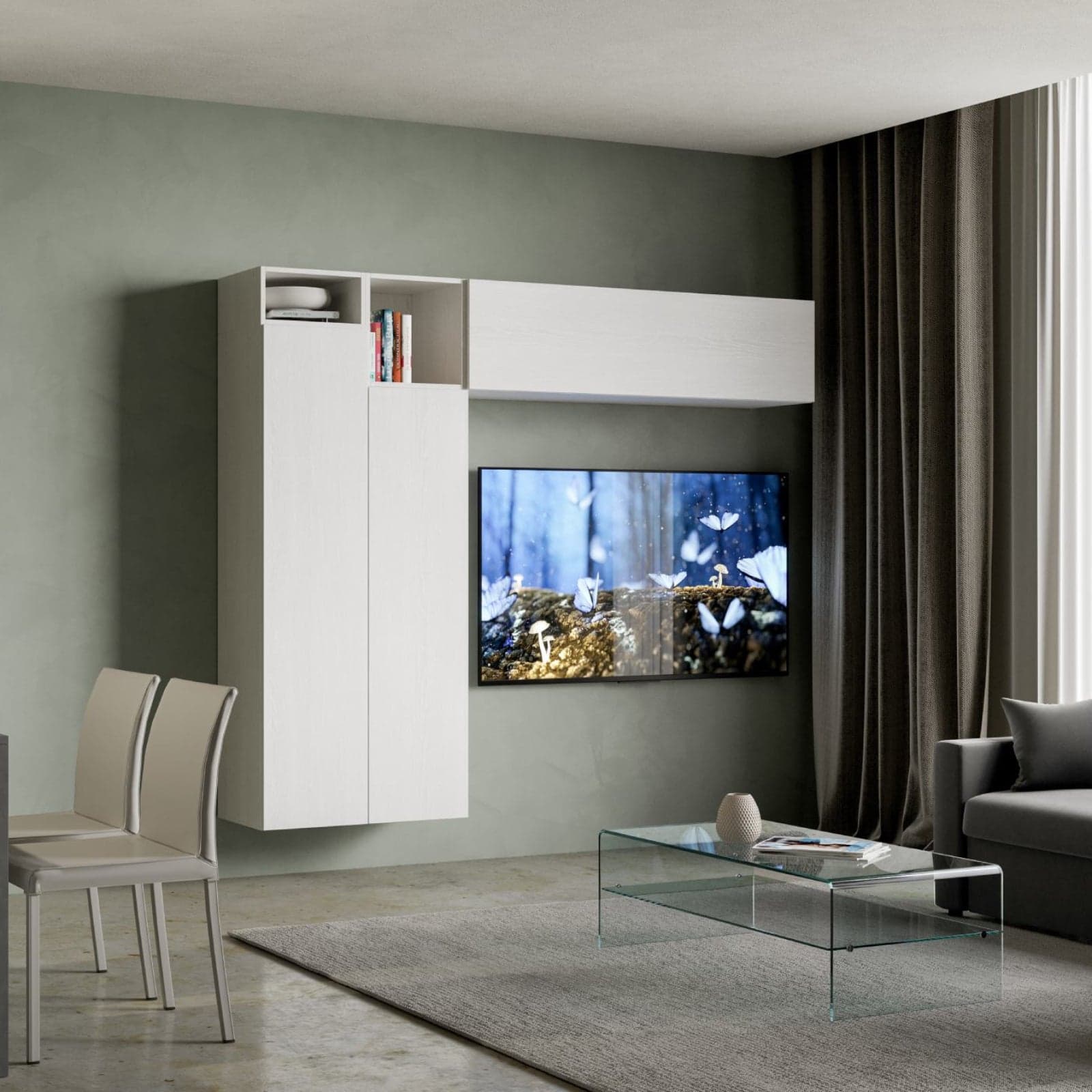 Parete attrezzata per soggiorno porta TV con ripiani per arredamento camere ed interni 236 cm in Pareti attrezzate Decor Space - Altamura, commercioVirtuoso.it