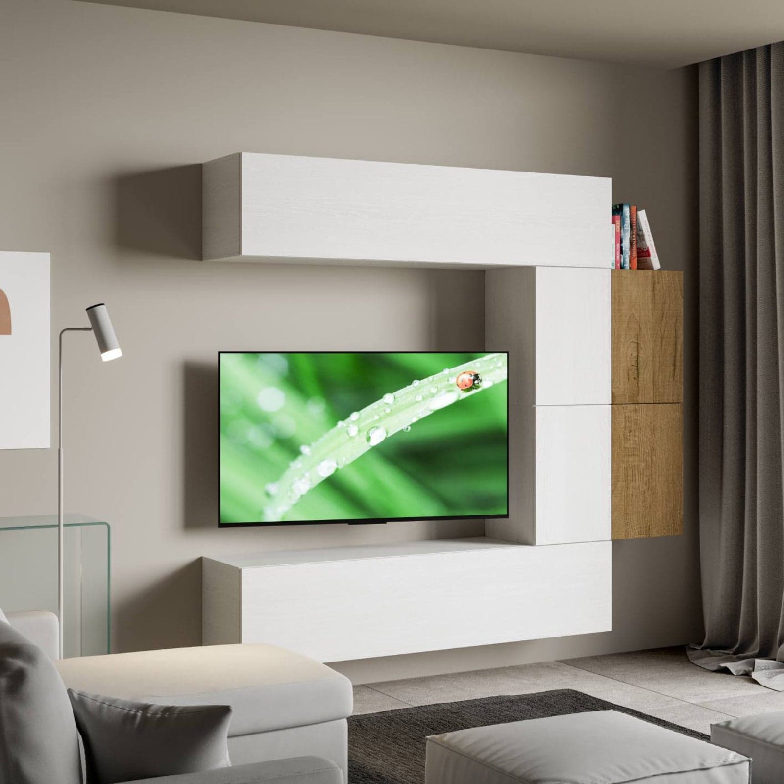 Parete attrezzata per soggiorno porta TV con ripiani per arredamento camere ed interni 214 cm in Pareti attrezzate Decor Space - Altamura, commercioVirtuoso.it