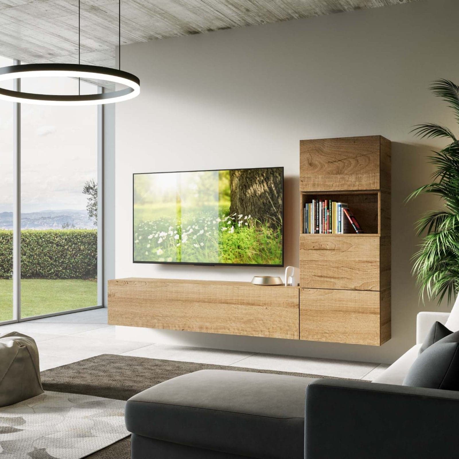 Parete attrezzata per soggiorno porta TV con ripiani per arredamento camere ed interni 236 cm in Pareti attrezzate Decor Space - Altamura, commercioVirtuoso.it