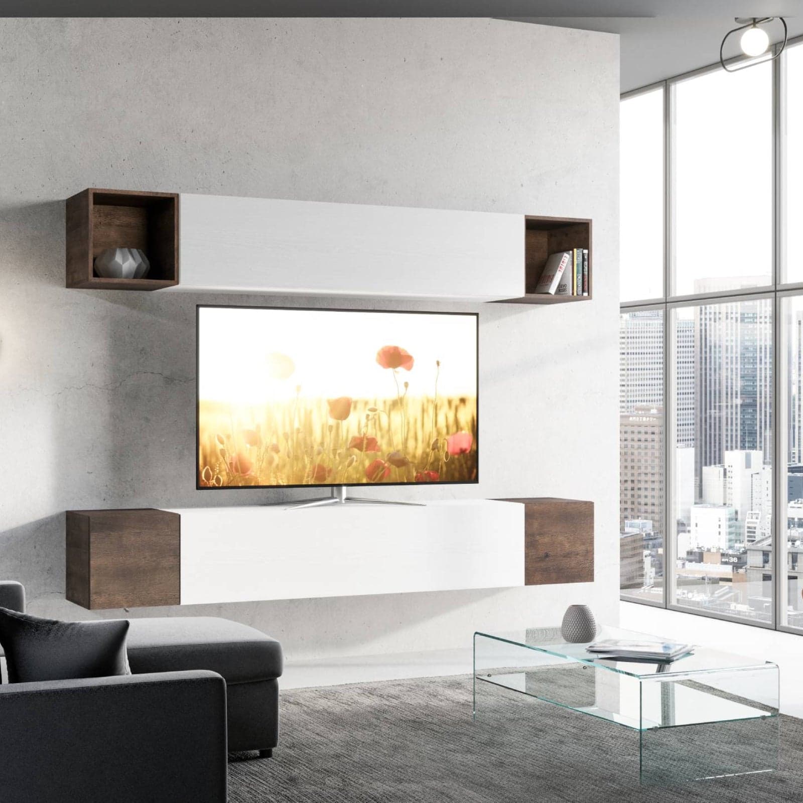 Parete attrezzata per soggiorno porta TV con ripiani per arredamento camere ed interni 254 cm in Pareti attrezzate Decor Space - Altamura, commercioVirtuoso.it