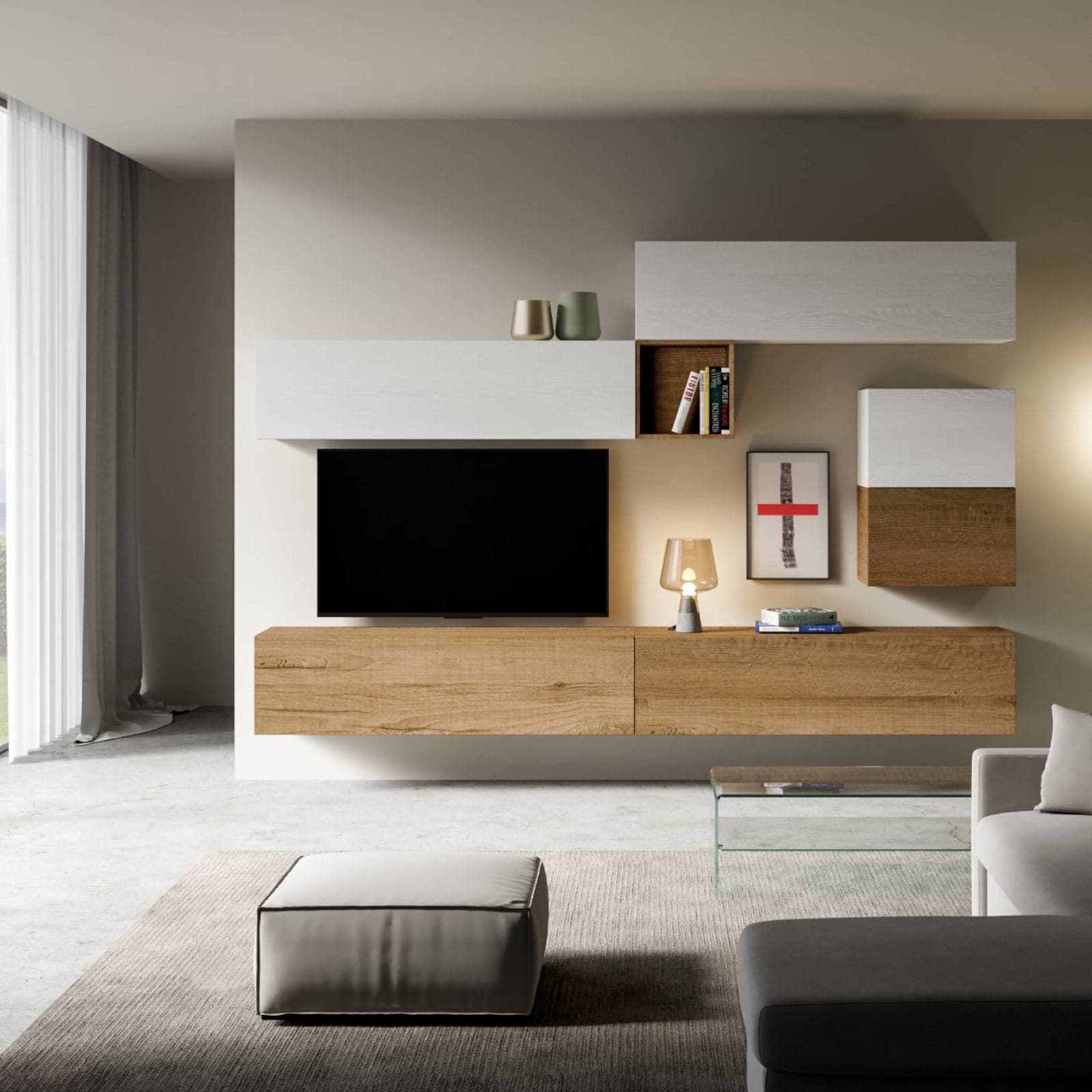 Parete attrezzata per soggiorno porta TV con ripiani per arredamento camere ed interni 308 cm in Pareti attrezzate Decor Space - Altamura, commercioVirtuoso.it