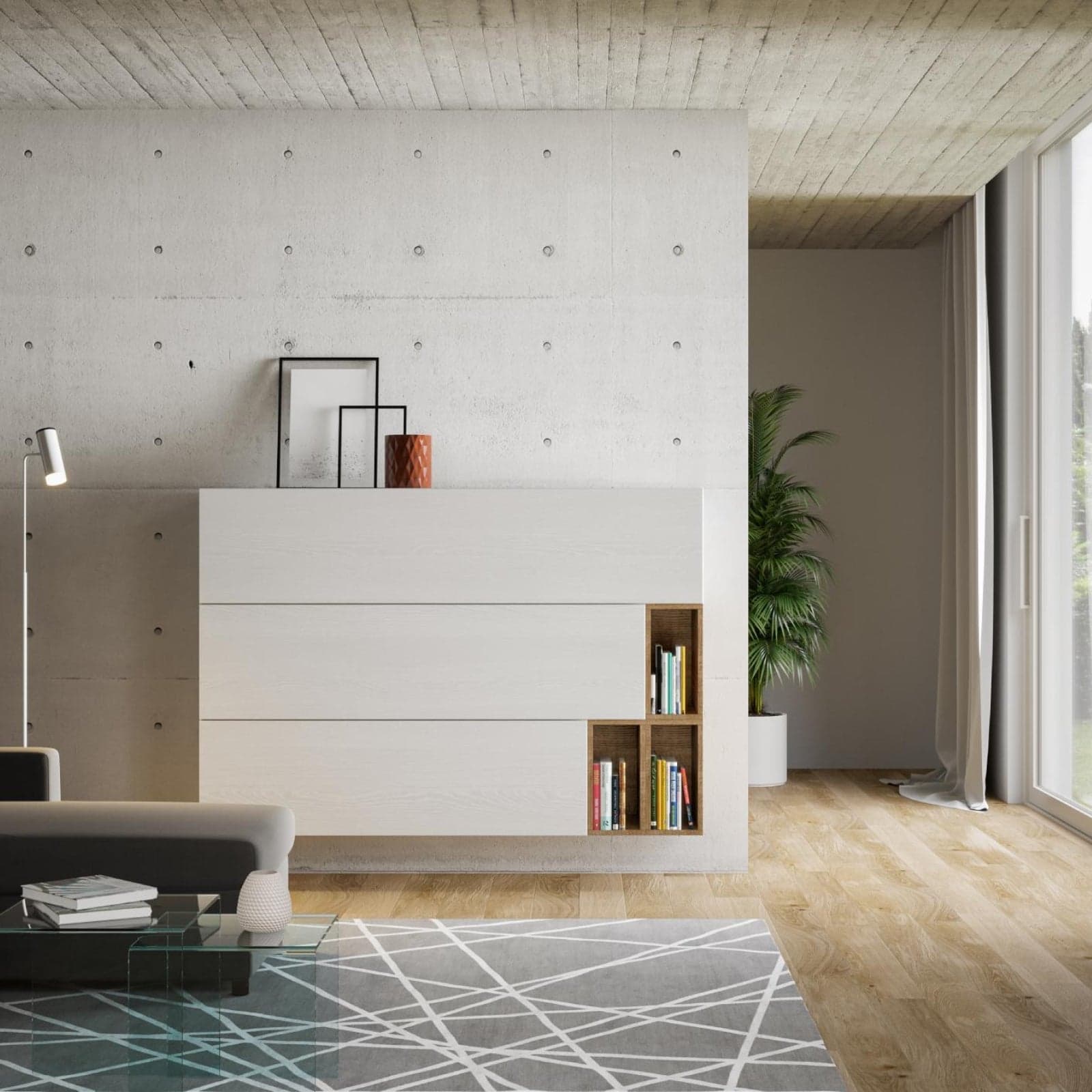 Parete attrezzata per soggiorno con ripiani per arredamento camere ed interni 174 cm in Pareti attrezzate Decor Space - Altamura, commercioVirtuoso.it