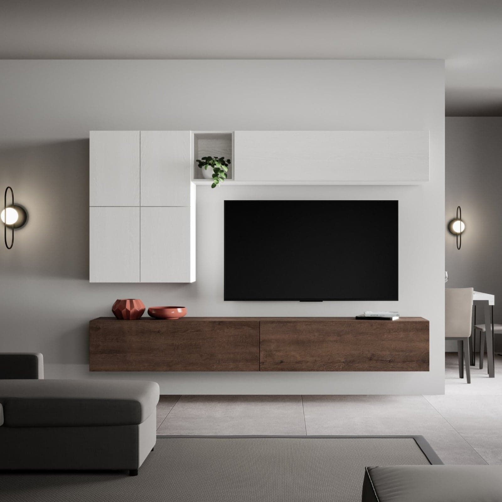 Parete attrezzata per soggiorno porta TV con ripiani per arredamento camere ed interni 268 cm in Pareti attrezzate Decor Space - Altamura, commercioVirtuoso.it
