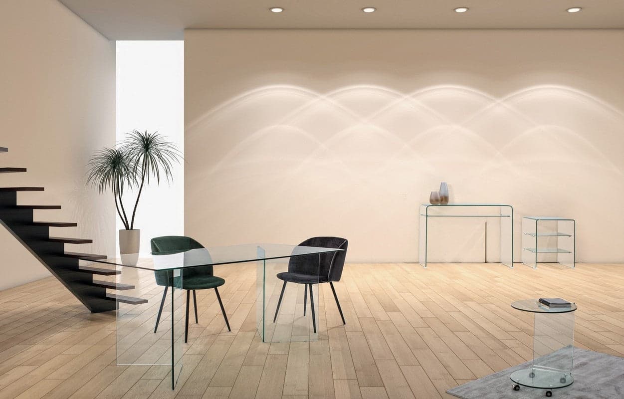 Consolle fissa, con ripiano, in vetro trasparente curvato, per arredamento interni in Credenze Decor Space - Altamura, commercioVirtuoso.it
