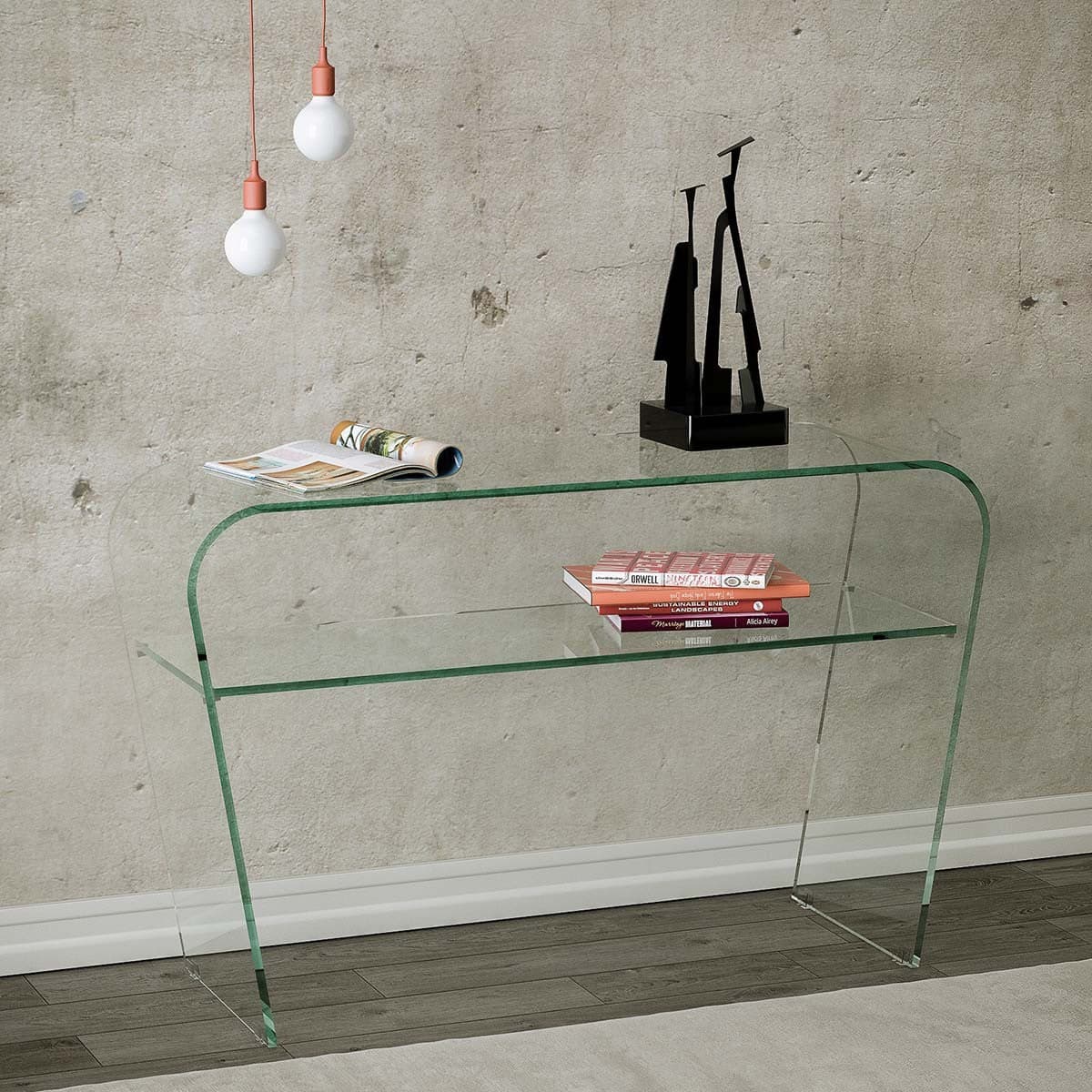 Consolle fissa, con ripiano, in vetro trasparente curvato, per arredamento interni in Credenze Decor Space - Altamura, commercioVirtuoso.it