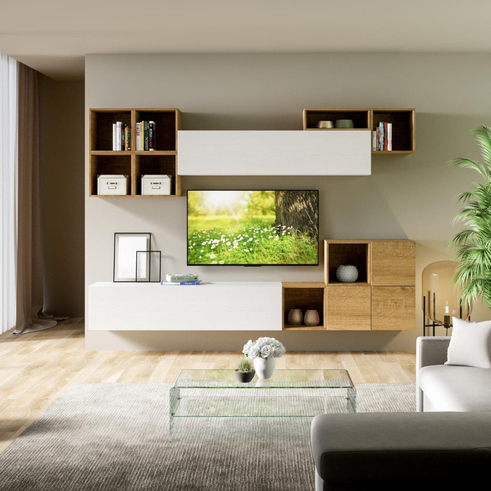 Parete attrezzata per soggiorno porta TV con ripiani per arredamento camere ed interni 294 cm in Pareti attrezzate Decor Space - Altamura, commercioVirtuoso.it