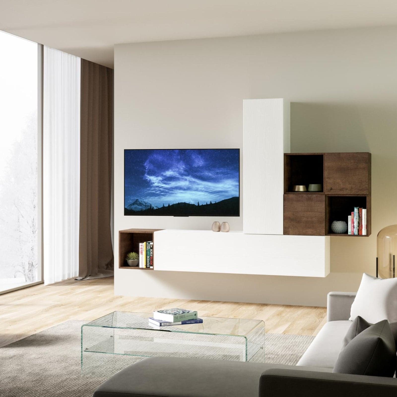 Parete attrezzata per soggiorno porta TV con ripiani per arredamento camere ed interni 254 cm in Pareti attrezzate Decor Space - Altamura, commercioVirtuoso.it