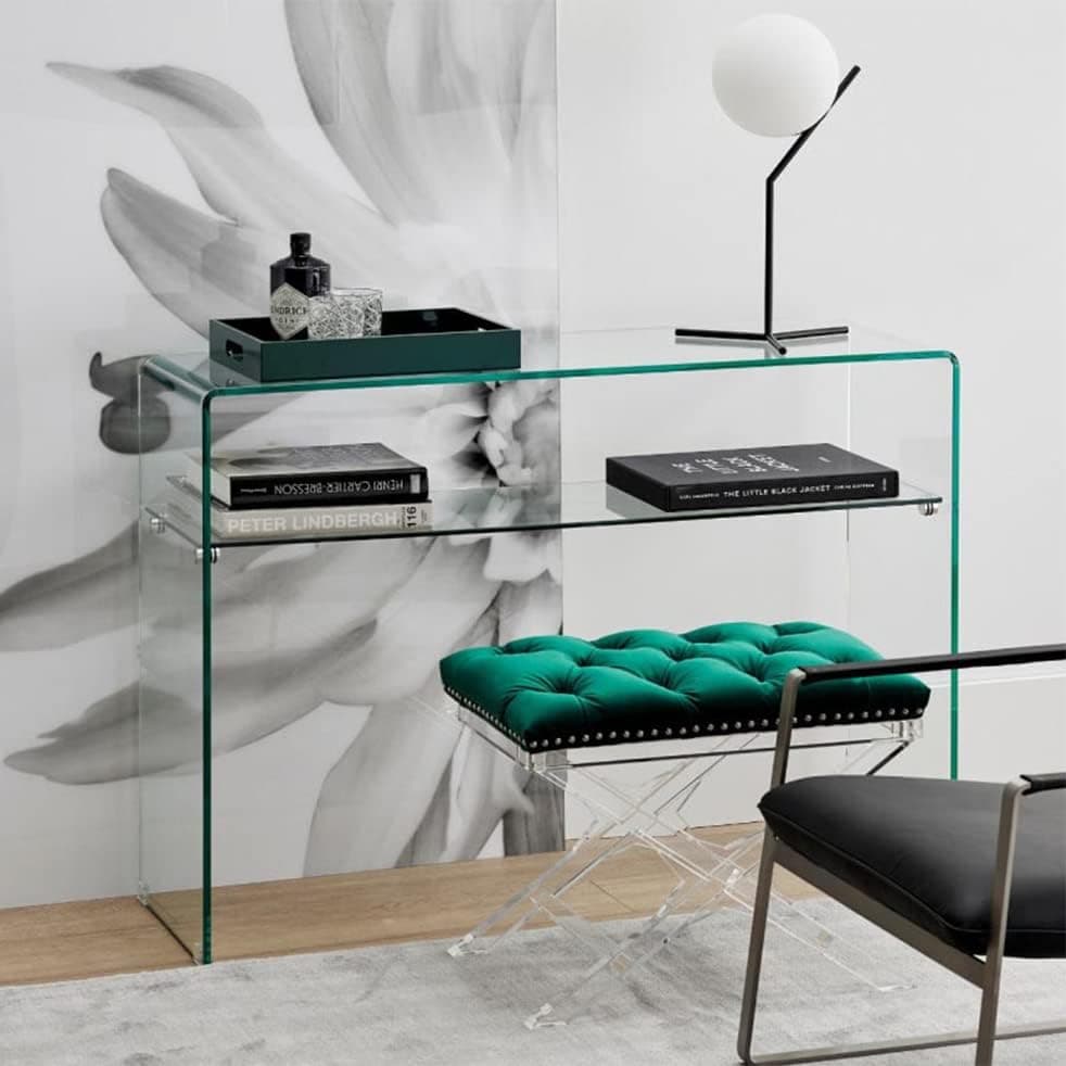 Consolle fissa, con ripiano, in vetro trasparente, per arredamento interni 120 x 40 cm in Credenze Decor Space - Altamura, commercioVirtuoso.it