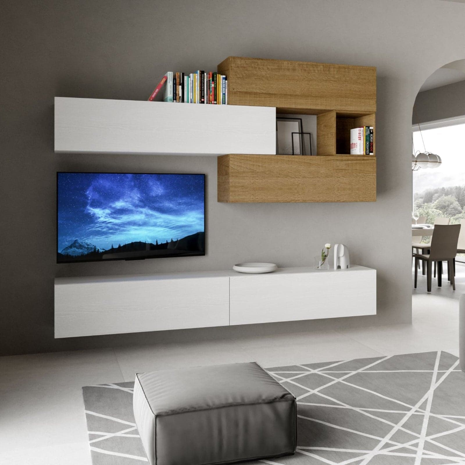 Parete attrezzata per soggiorno porta TV con ripiani per arredamento camere ed interni 268 cm in Pareti attrezzate Decor Space - Altamura, commercioVirtuoso.it