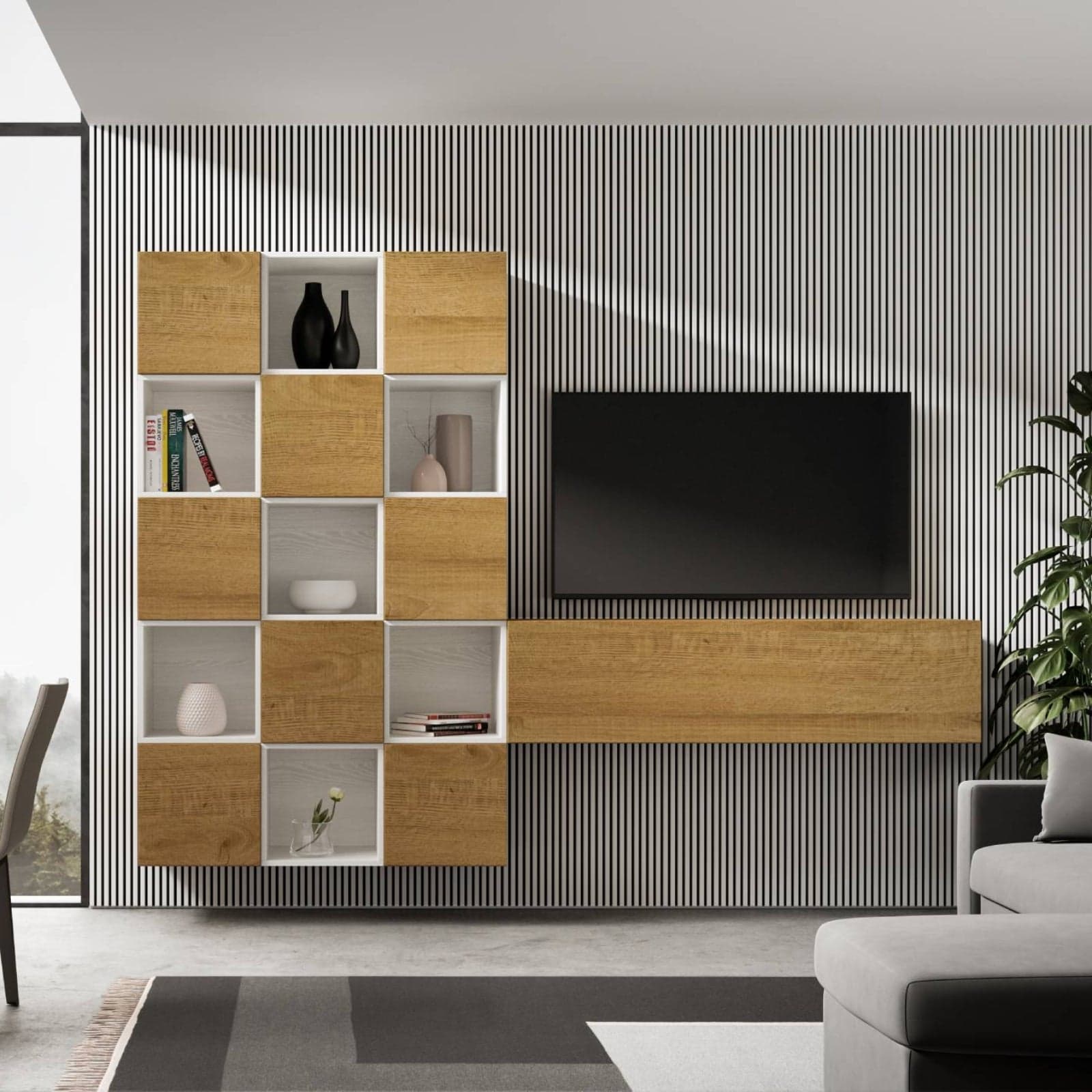 Parete attrezzata per soggiorno porta TV con ripiani per arredamento camere ed interni 274 cm in Pareti attrezzate Decor Space - Altamura, commercioVirtuoso.it