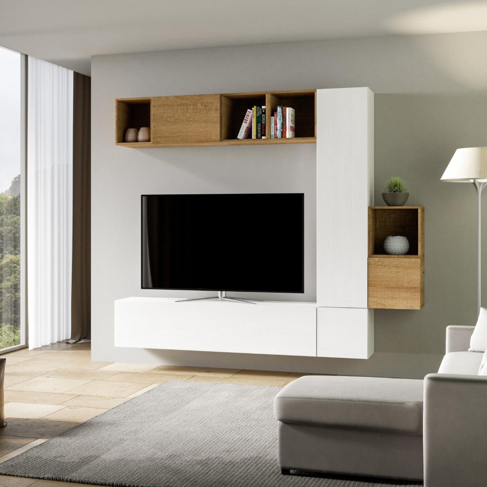 Parete attrezzata per soggiorno porta TV con ripiani per arredamento camere ed interni 254 cm in Pareti attrezzate Decor Space - Altamura, commercioVirtuoso.it