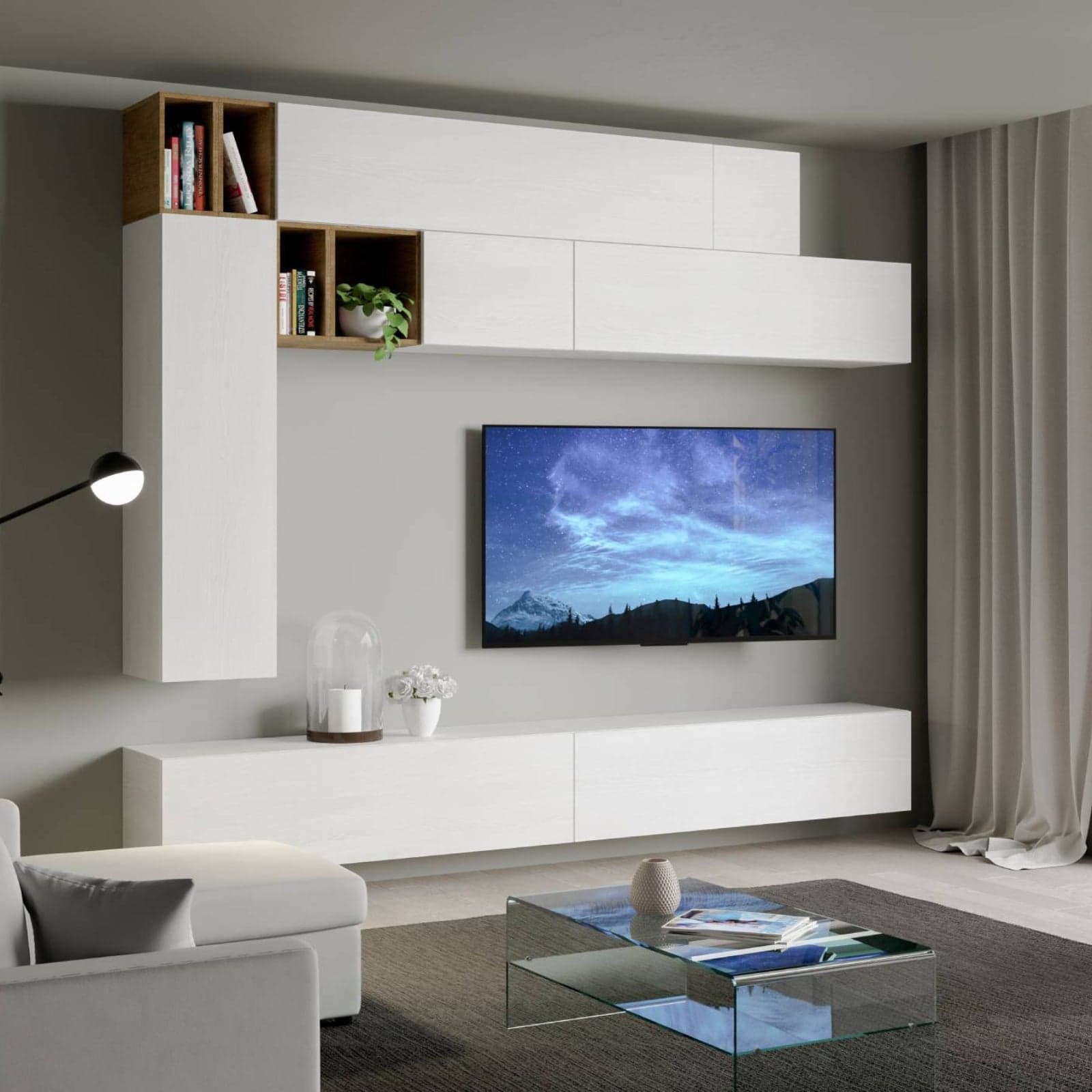 Parete attrezzata per soggiorno porta TV con ripiani per arredamento camere ed interni 208 cm in Pareti attrezzate Decor Space - Altamura, commercioVirtuoso.it