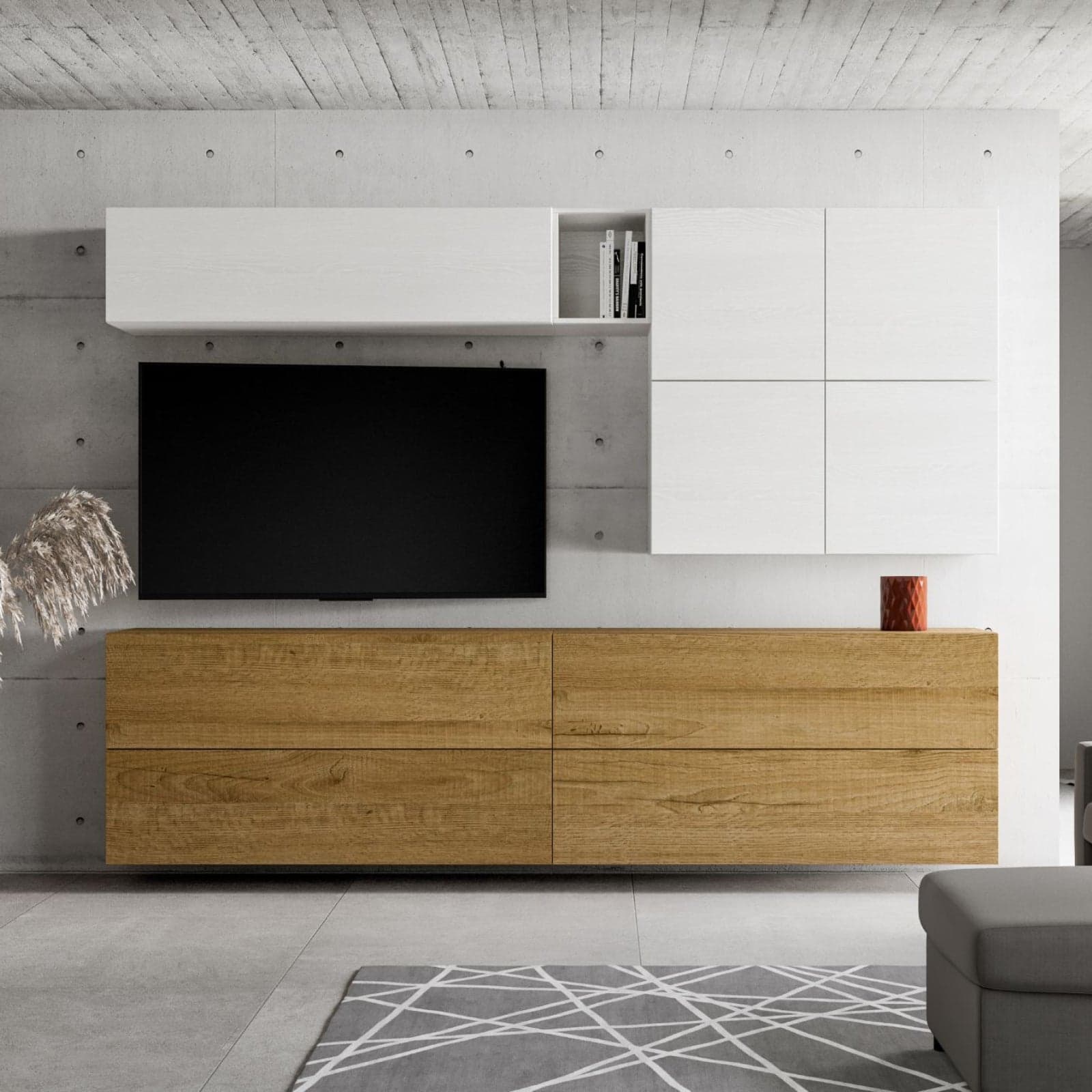 Parete attrezzata per soggiorno porta TV con ripiani per arredamento camere ed interni 308 cm in Pareti attrezzate Decor Space - Altamura, commercioVirtuoso.it