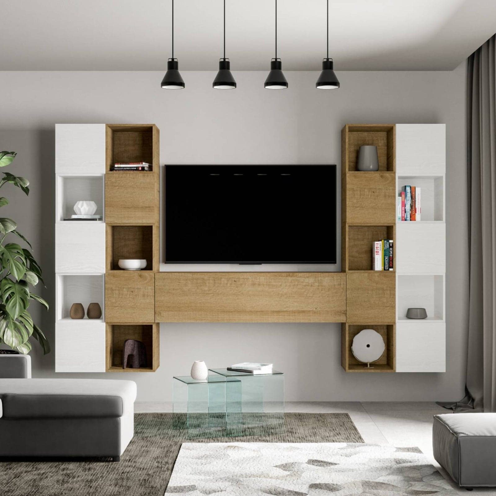 Parete attrezzata per soggiorno porta TV con ripiani per arredamento camere ed interni 314 cm in Pareti attrezzate Decor Space - Altamura, commercioVirtuoso.it