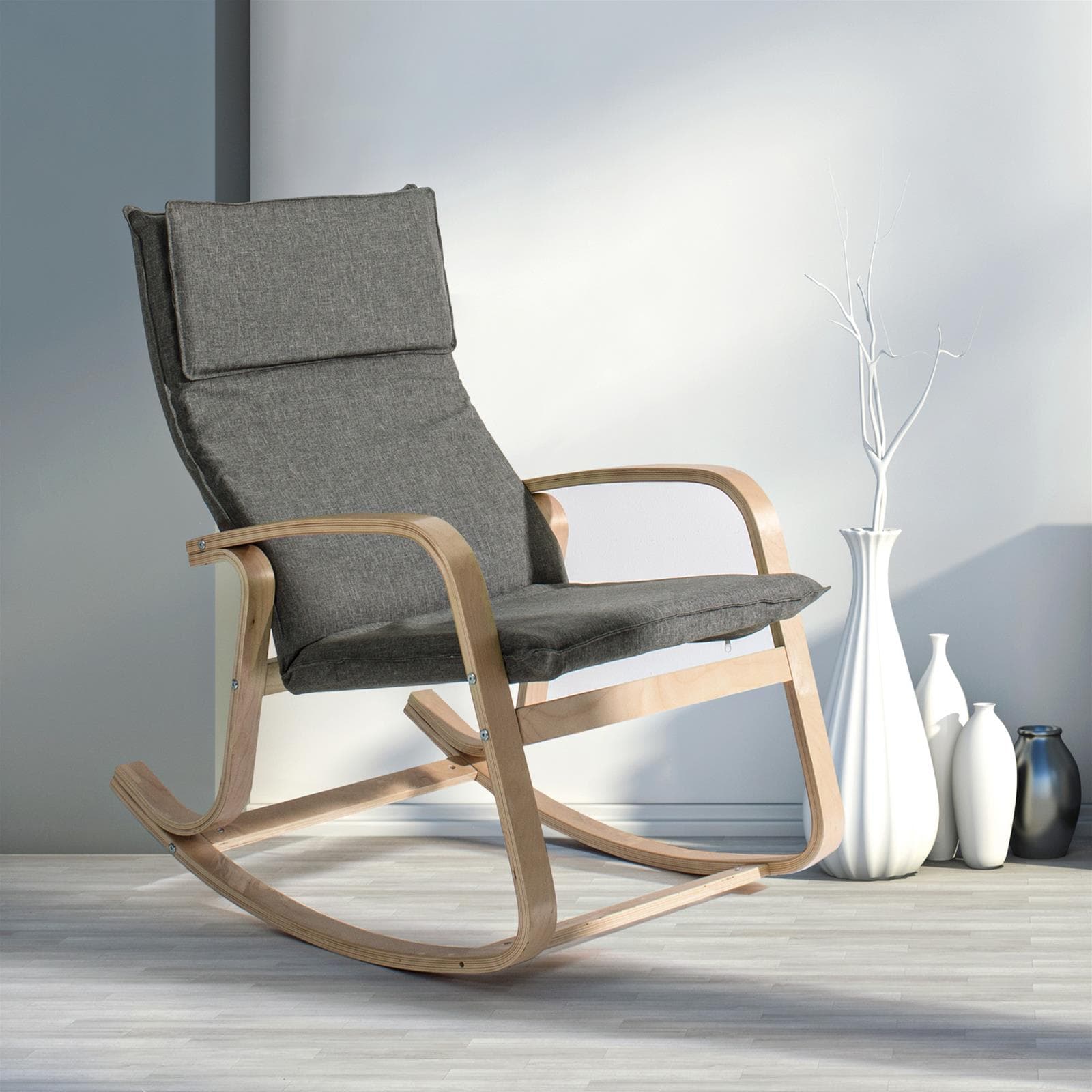 Sedia a dondolo "Ginevra" grigio imbottita in legno da interno per salotto e studio in Poltrone Decor Space - Altamura, commercioVirtuoso.it