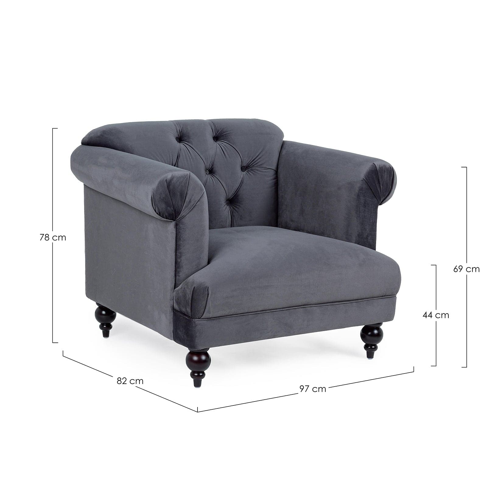 Poltrona "Blossom" in velluto Grigio tipo Chester h 78 cm arredamento per salotto moderno Casa e cucina/Arredamento/Soggiorno/Poltrone e sedie/Poltrone Decor Space - Altamura, Commerciovirtuoso.it