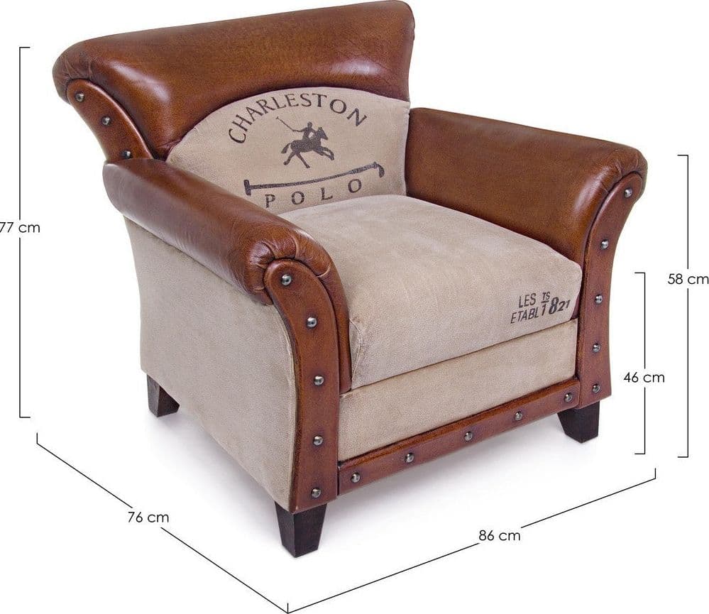 Poltrona "Charleston" per interno, Struttura In Legno Di Mango, Rivestimento In Tela Riciclata E Vera Pelle Di Bufalo 86 x 76 x 77h cm in Poltrone Decor Space - Altamura, commercioVirtuoso.it
