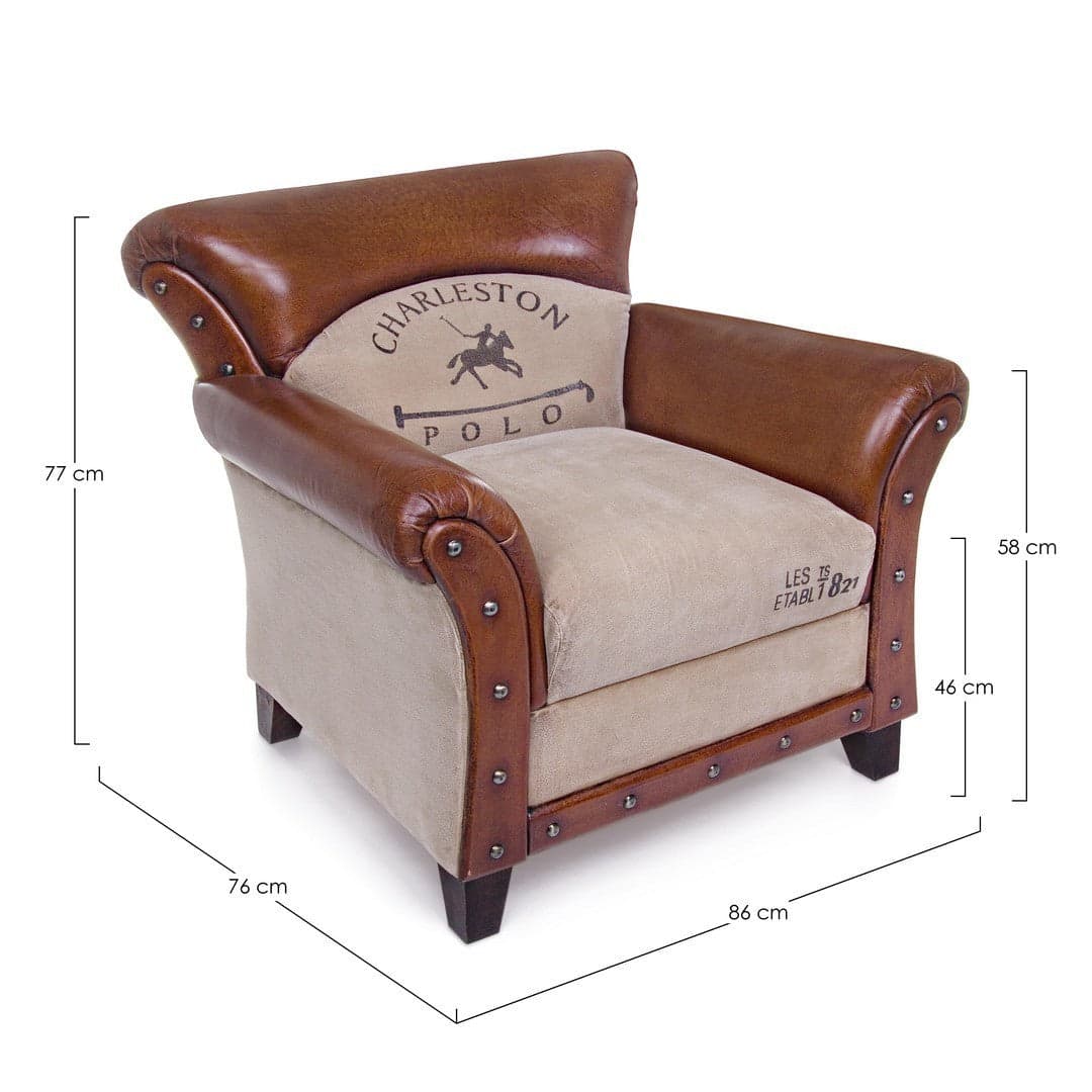 Poltrona "Charleston" per interno, Struttura In Legno Di Mango, Rivestimento In Tela Riciclata E Vera Pelle Di Bufalo 86 x 76 x 77h cm in Poltrone Decor Space - Altamura, commercioVirtuoso.it
