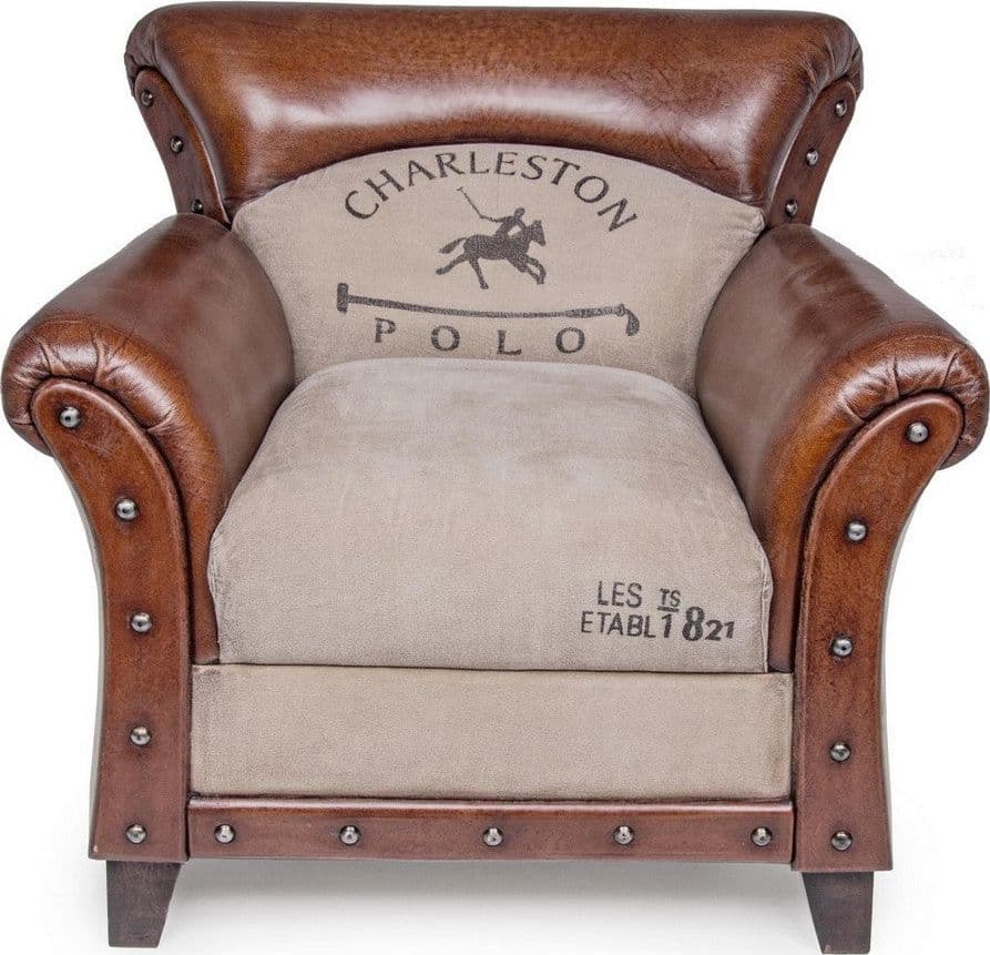 Poltrona "Charleston" per interno, Struttura In Legno Di Mango, Rivestimento In Tela Riciclata E Vera Pelle Di Bufalo 86 x 76 x 77h cm in Poltrone Decor Space - Altamura, commercioVirtuoso.it