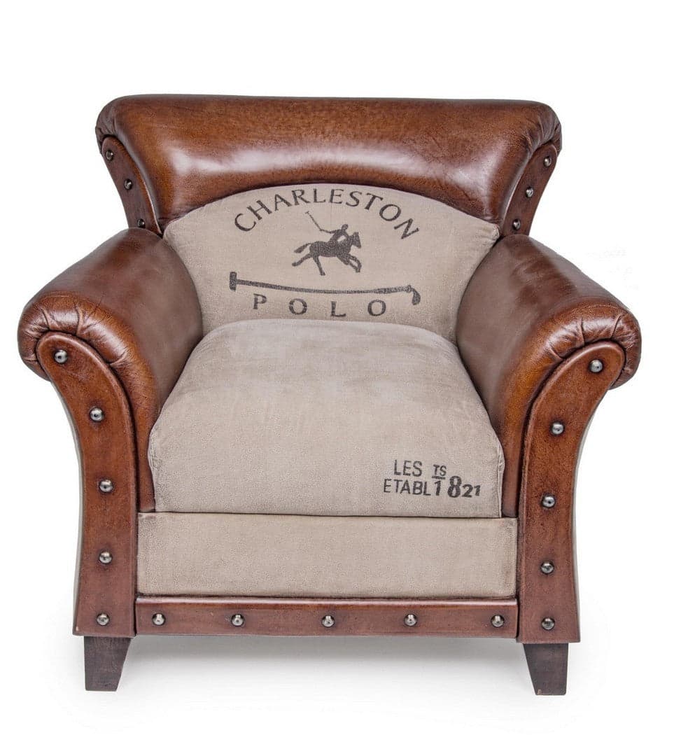 Poltrona "Charleston" per interno, Struttura In Legno Di Mango, Rivestimento In Tela Riciclata E Vera Pelle Di Bufalo 86 x 76 x 77h cm in Poltrone Decor Space - Altamura, commercioVirtuoso.it