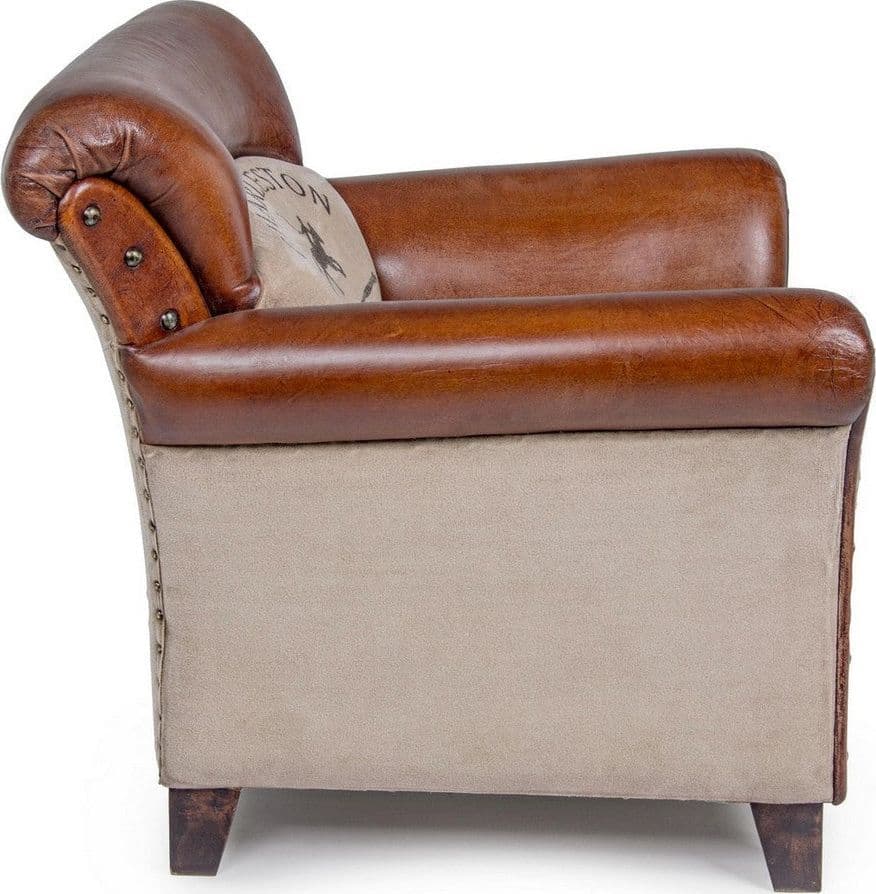 Poltrona "Charleston" per interno, Struttura In Legno Di Mango, Rivestimento In Tela Riciclata E Vera Pelle Di Bufalo 86 x 76 x 77h cm in Poltrone Decor Space - Altamura, commercioVirtuoso.it