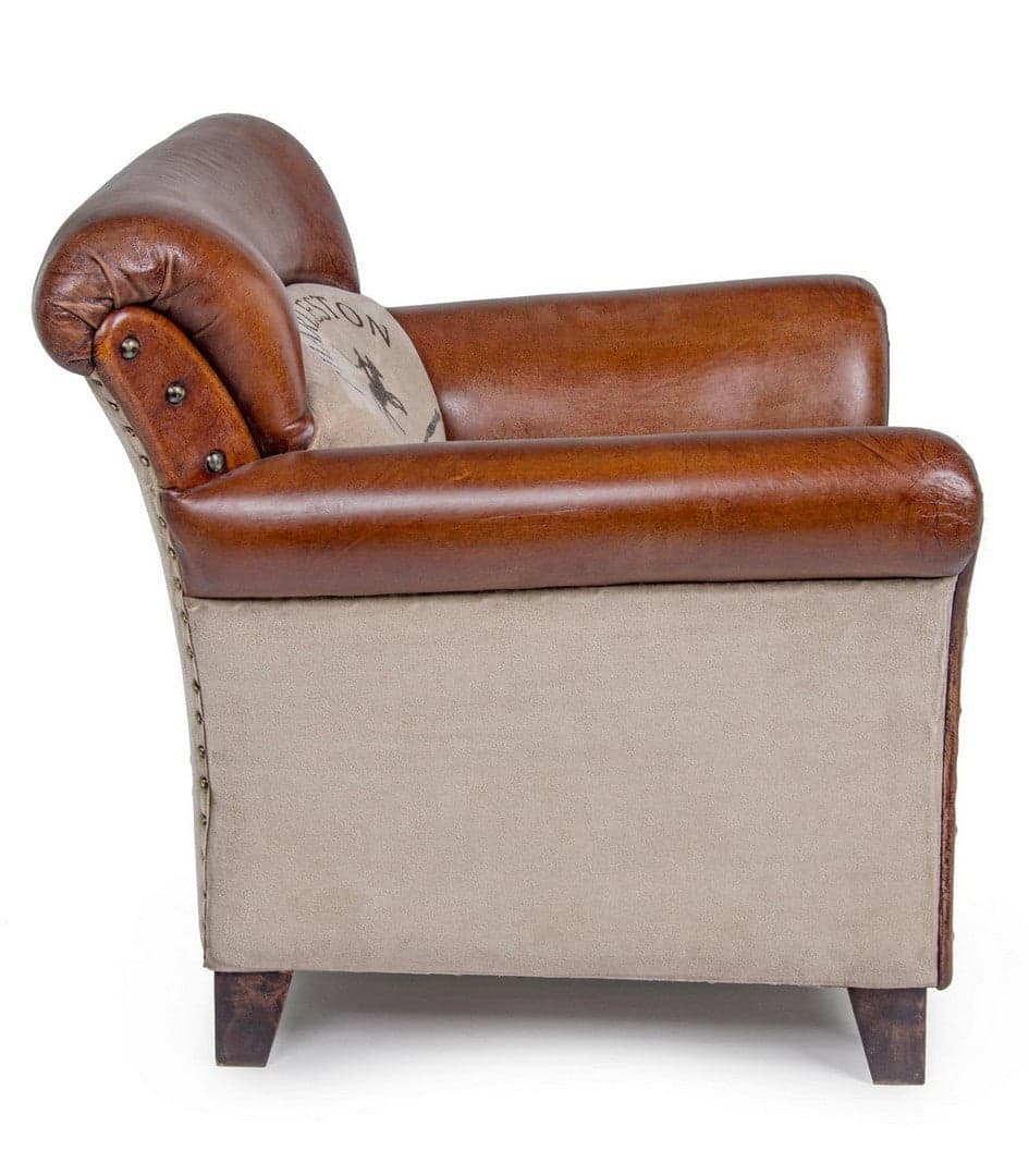 Poltrona "Charleston" per interno, Struttura In Legno Di Mango, Rivestimento In Tela Riciclata E Vera Pelle Di Bufalo 86 x 76 x 77h cm in Poltrone Decor Space - Altamura, commercioVirtuoso.it