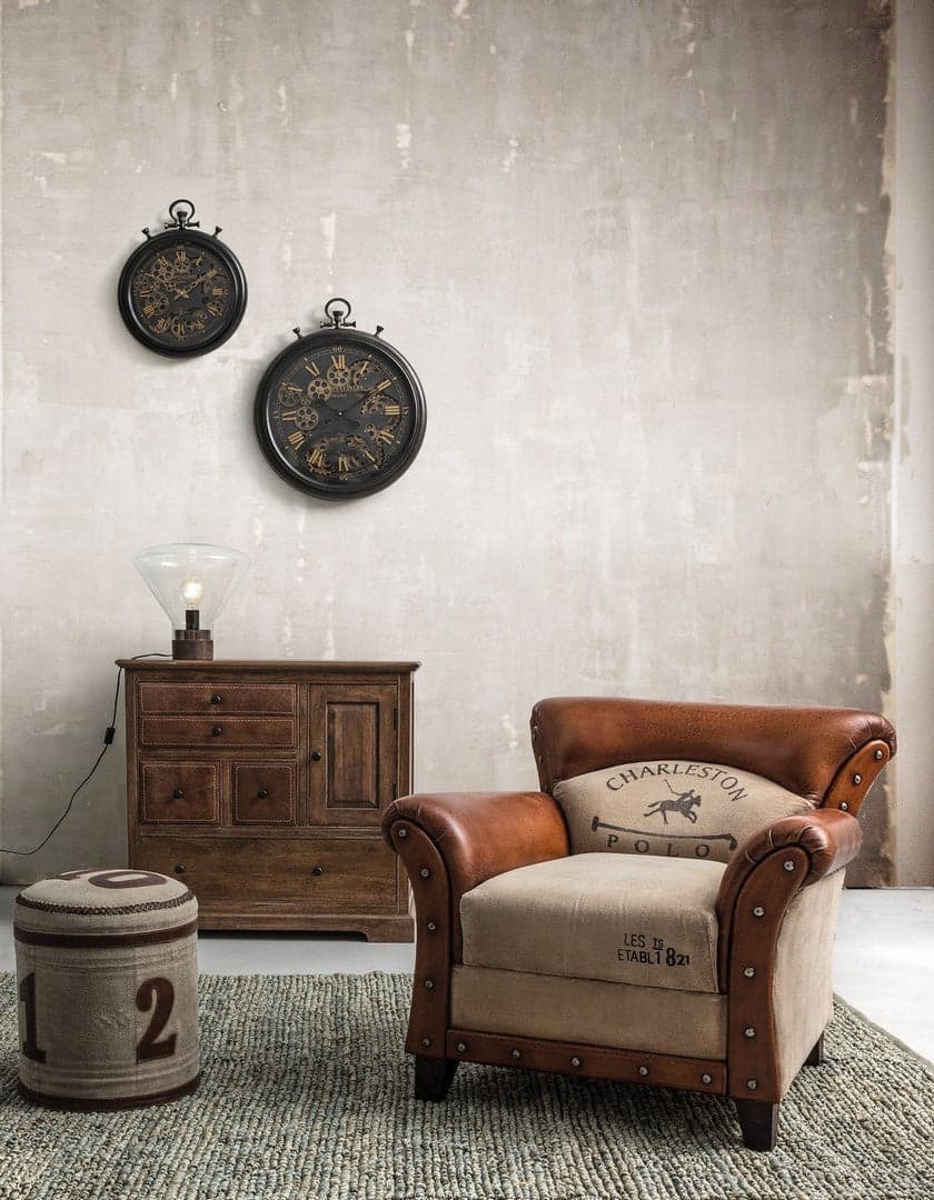 Poltrona "Charleston" per interno, Struttura In Legno Di Mango, Rivestimento In Tela Riciclata E Vera Pelle Di Bufalo 86 x 76 x 77h cm in Poltrone Decor Space - Altamura, commercioVirtuoso.it