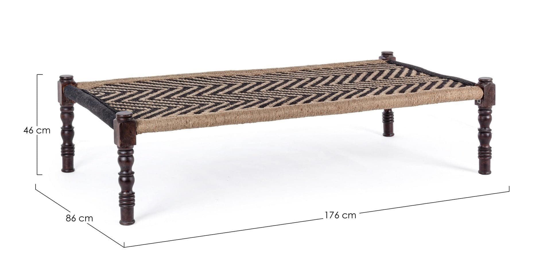 Panca "Khat Tamil" per interno, con Struttura In Legno Sheesham E Seduta In Corde Di Cotone, da 176x86x46h cm in Panche contenitore Decor Space - Altamura, commercioVirtuoso.it