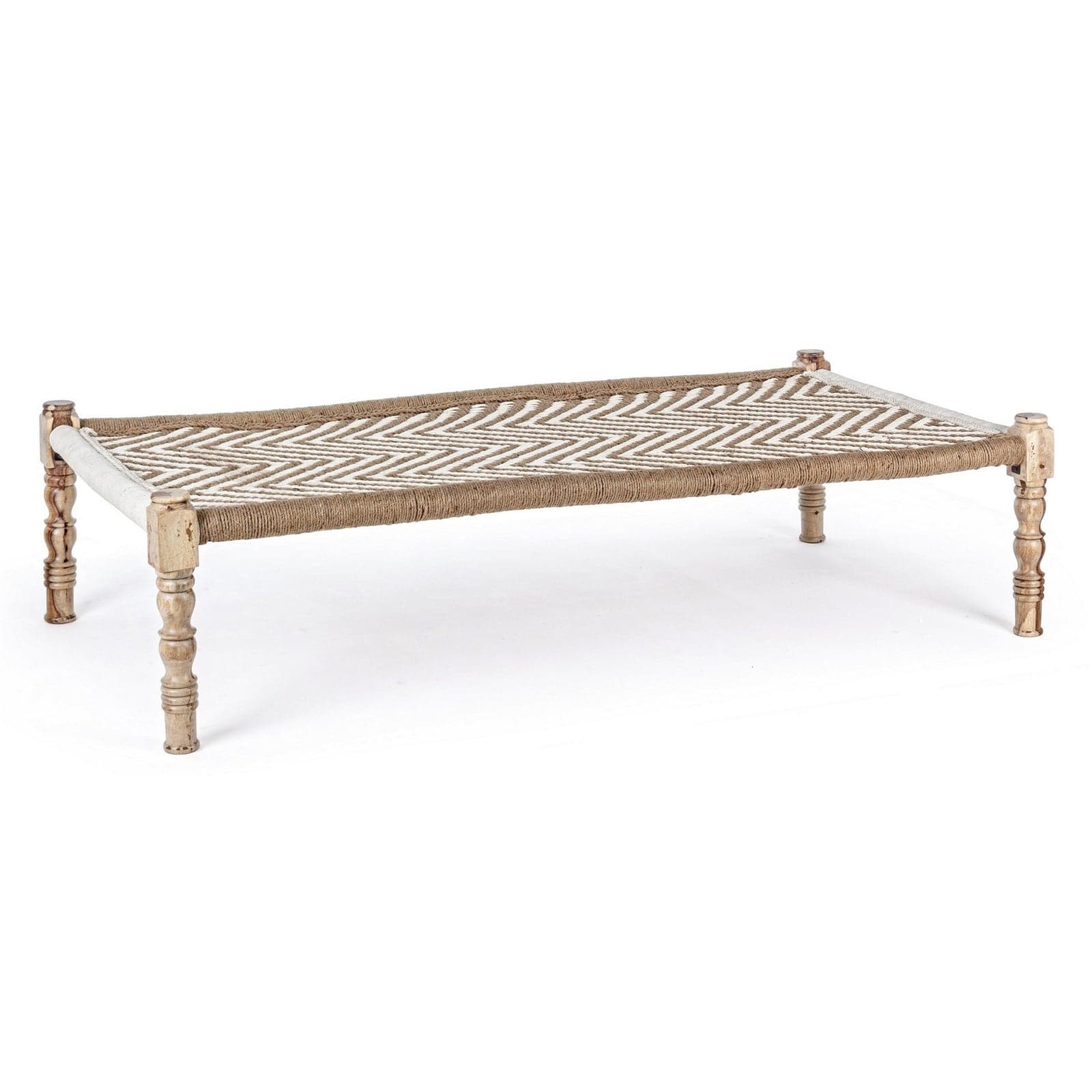 Panca "Khat Tamil" per interno, con Struttura In Legno Sheesham E Seduta In Corde Di Cotone, da 176x86x46h cm in Panche contenitore Decor Space - Altamura, commercioVirtuoso.it