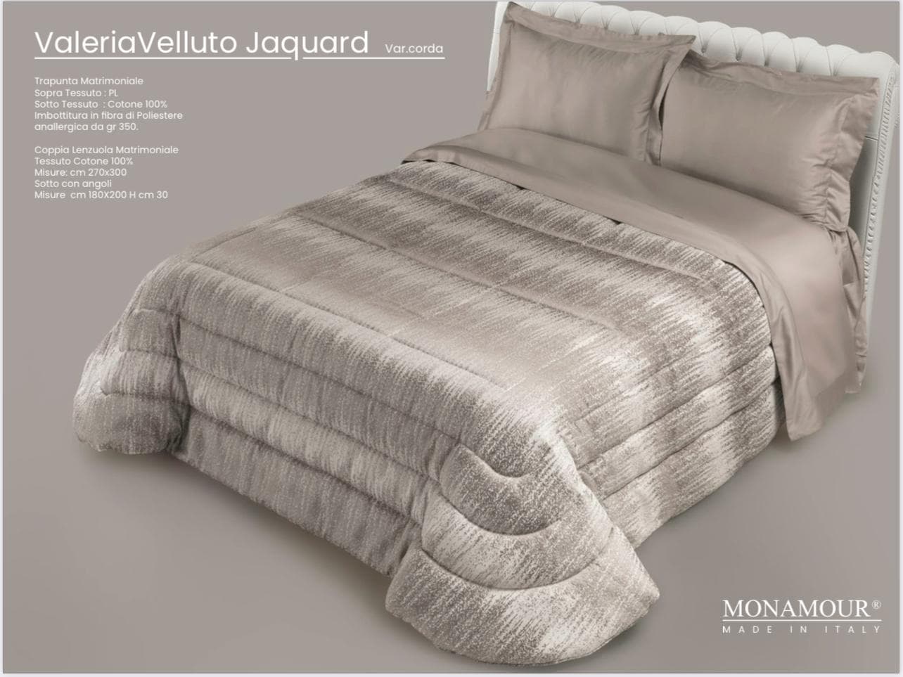 Trapunta matrimoniale invernale Mon Amour art. Valeria velluto Sopra tessuto: PL Sotto tessuto: cotone 100% imbottitura in fibra di poliestere anallergica da gr.350 - 6