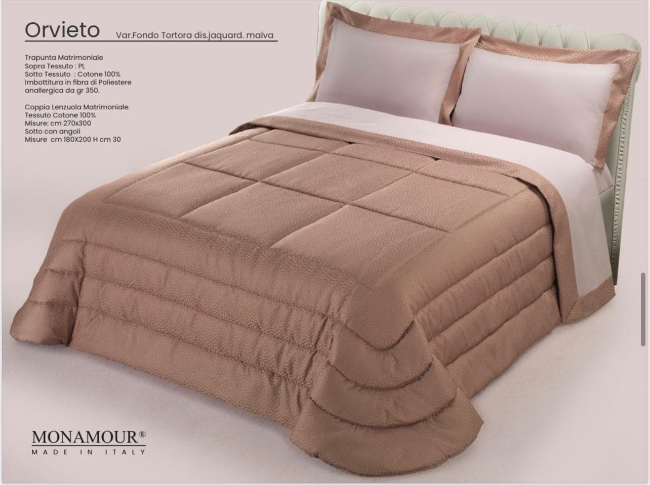 Trapunta matrimoniale invernale Mon Amour art. Orvieto Sopra tessuto: PL Sotto tessuto: cotone 100% imbottitura in fibra di poliestere anallergica da gr.350 - 10
