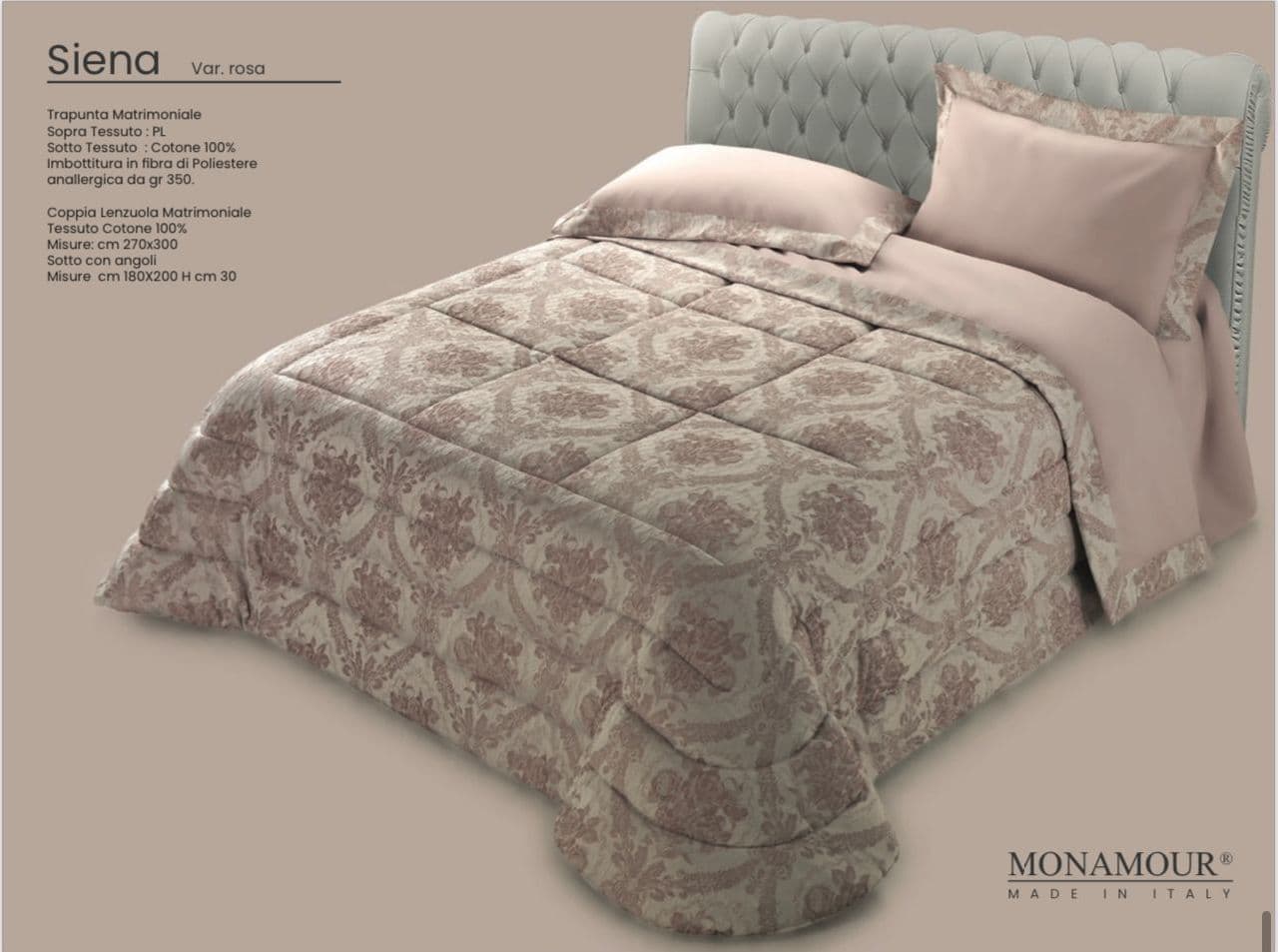 Trapunta matrimoniale invernale Mon Amour art. Siena Sopra tessuto: PL Sotto tessuto: cotone 100% imbottitura in fibra di