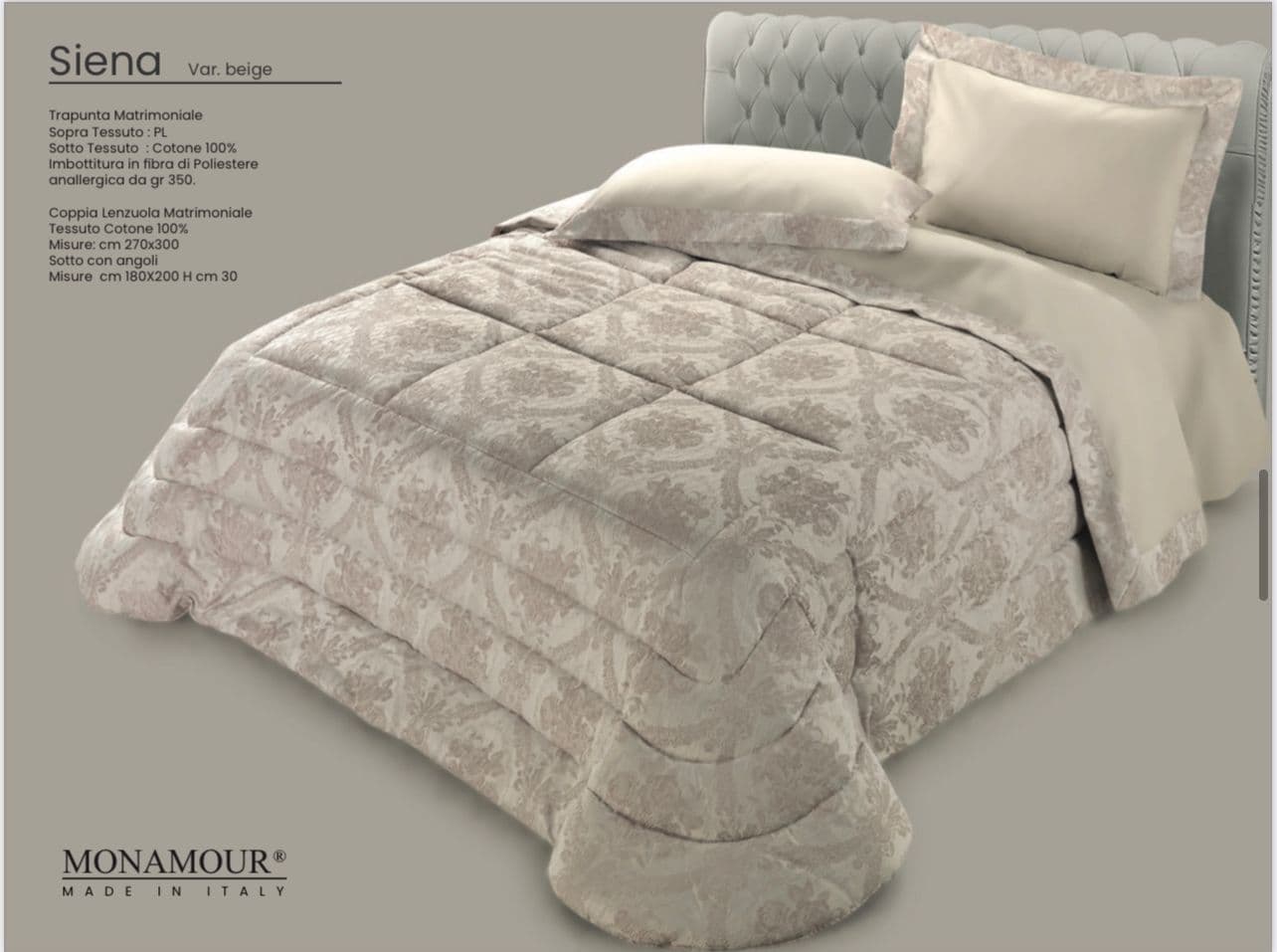 Trapunta matrimoniale invernale Mon Amour art. Siena Sopra tessuto: PL Sotto tessuto: cotone 100% imbottitura in fibra di poliestere anallergica da gr.350 - 6