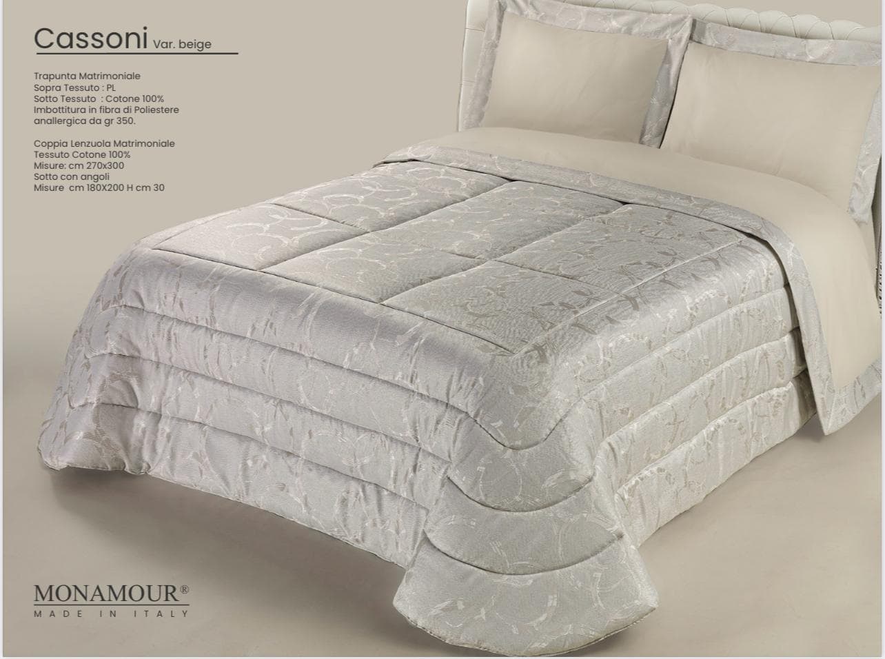 Trapunta matrimoniale invernale Mon Amour art. Cassoni Sopra tessuto: PL Sotto tessuto: cotone 100% imbottitura in fibra di poliestere anallergica da gr.350 - 4