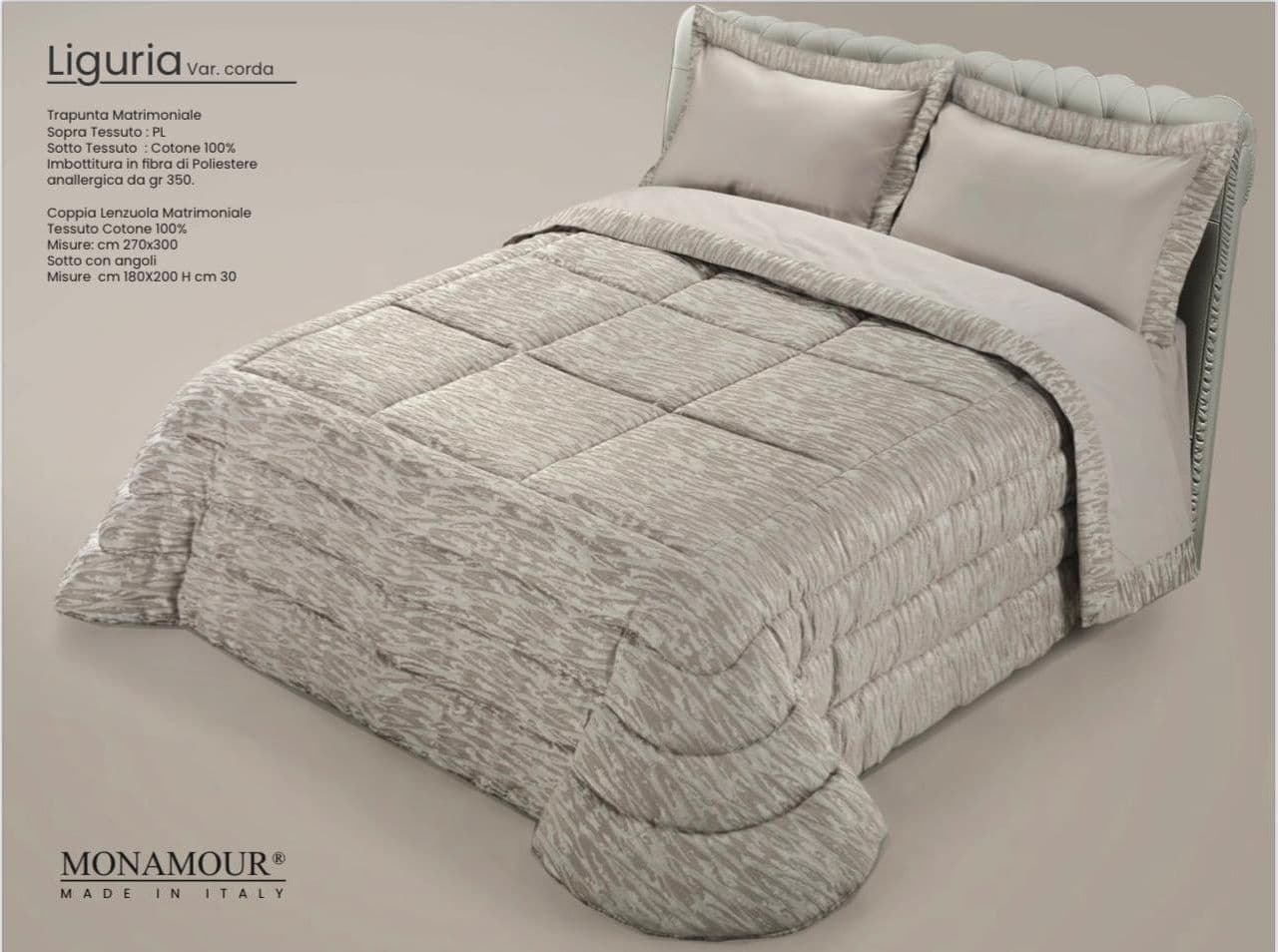 Trapunta matrimoniale invernale Mon Amour art. Liguria Sopra tessuto: PL Sotto tessuto: cotone 100% imbottitura in fibra di